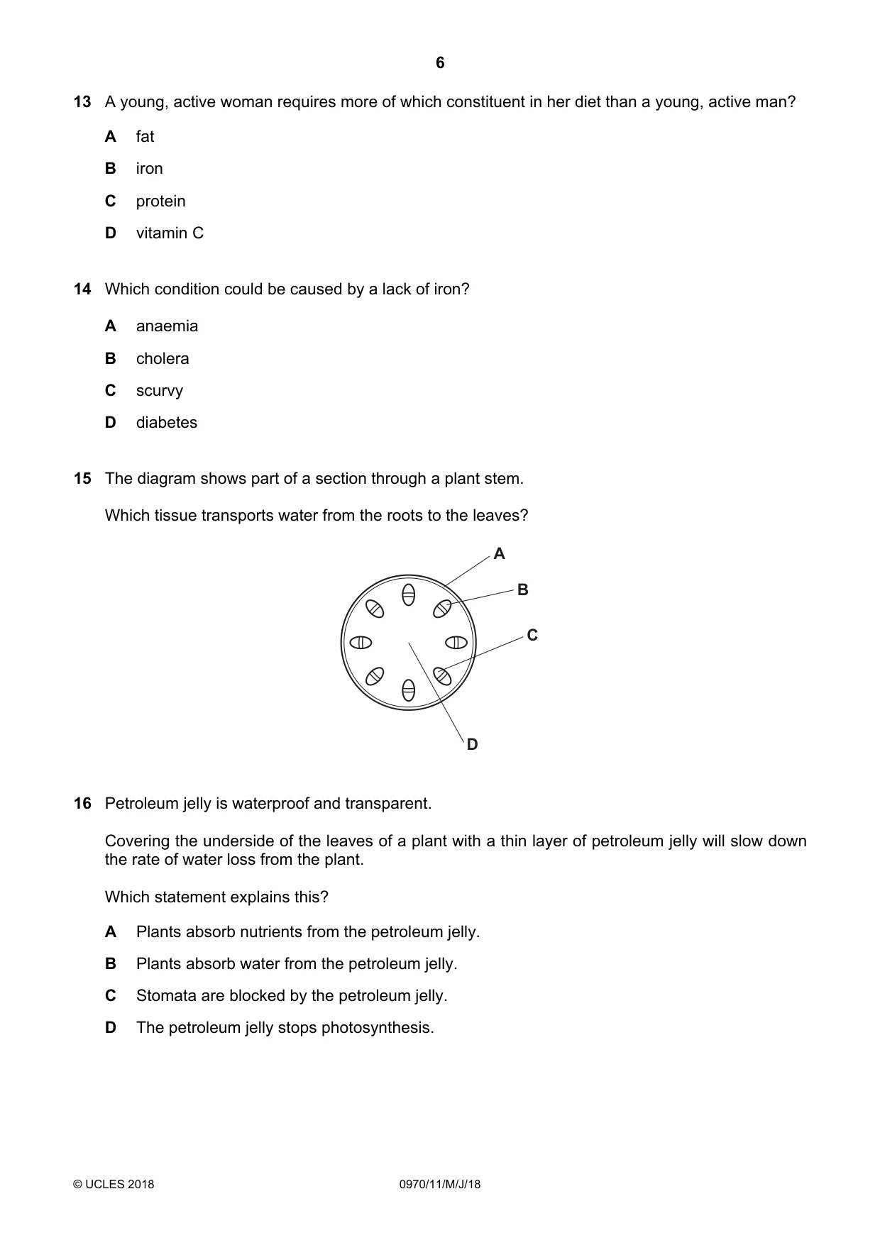 Cambridge IGCSE Biology (9-1) 0970 2018 May/June Paper 1 · Variant 1 question paper, page 6 of 16