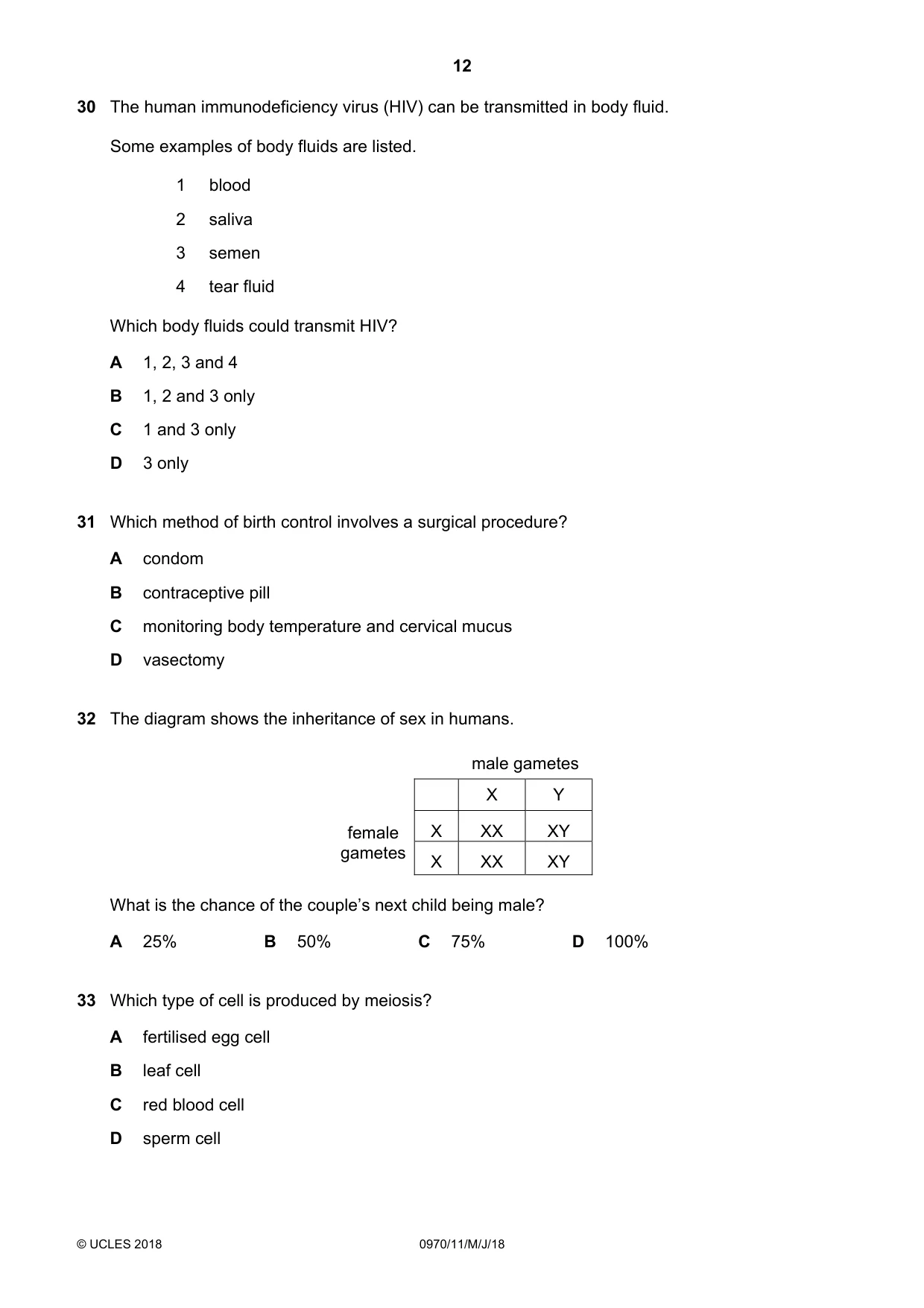 Cambridge IGCSE Biology (9-1) 0970 2018 May/June Paper 1 · Variant 1 question paper, page 12 of 16