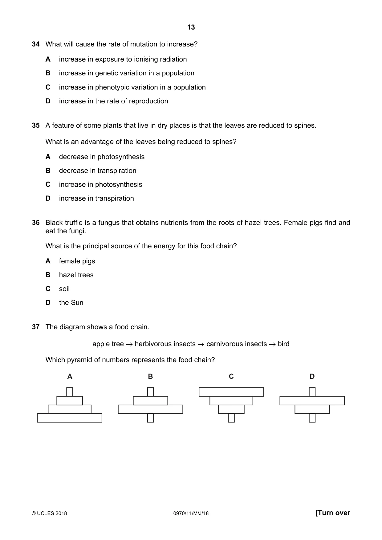 Cambridge IGCSE Biology (9-1) 0970 2018 May/June Paper 1 · Variant 1 question paper, page 13 of 16