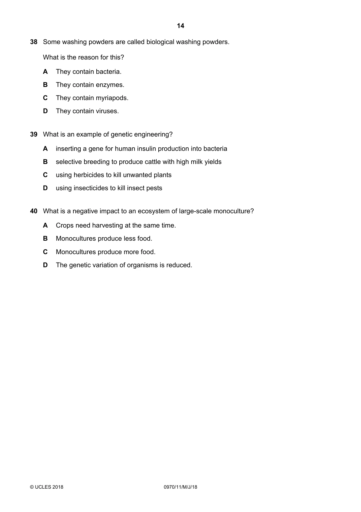 Cambridge IGCSE Biology (9-1) 0970 2018 May/June Paper 1 · Variant 1 question paper, page 14 of 16