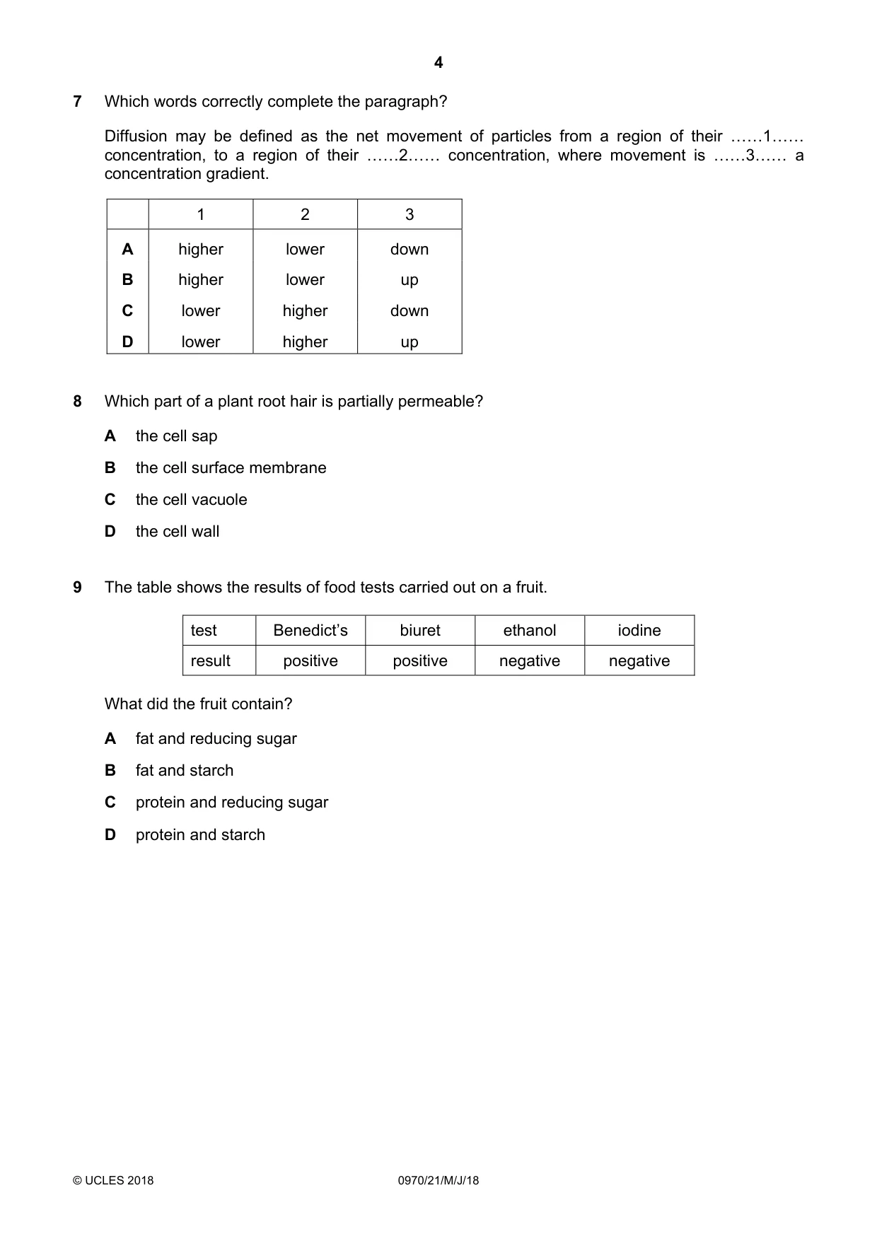 Cambridge IGCSE Biology (9-1) 0970 2018 May/June Paper 2 · Variant 1 question paper, page 4 of 16