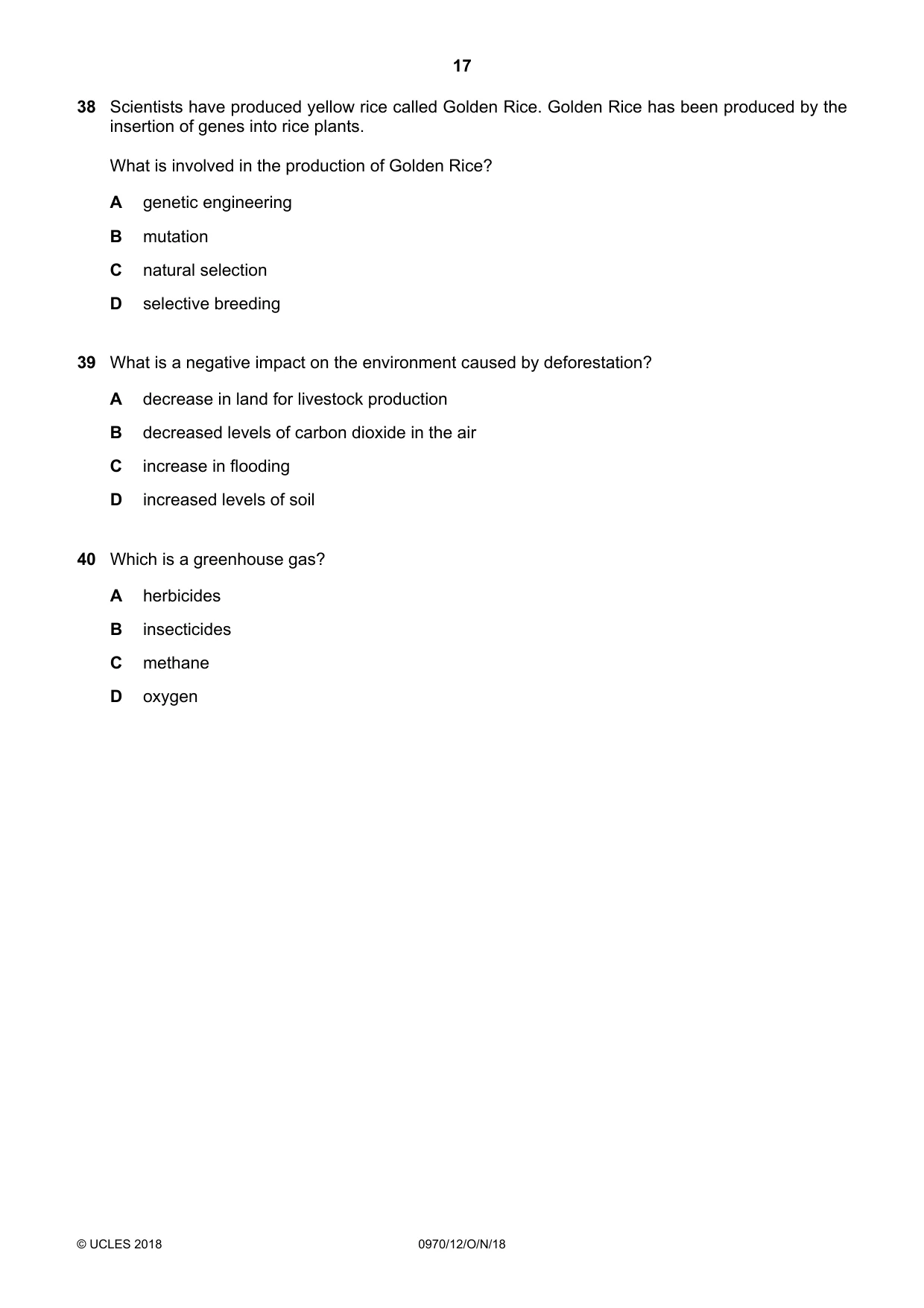 Cambridge IGCSE Biology (9-1) 0970 2018 Oct/Nov Paper 1 · Variant 2 question paper, page 17 of 20