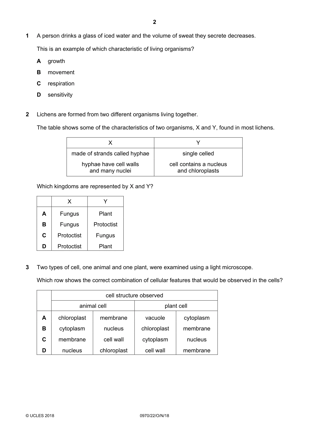 Cambridge IGCSE Biology (9-1) 0970 2018 Oct/Nov Paper 2 · Variant 2 question paper, page 2 of 20