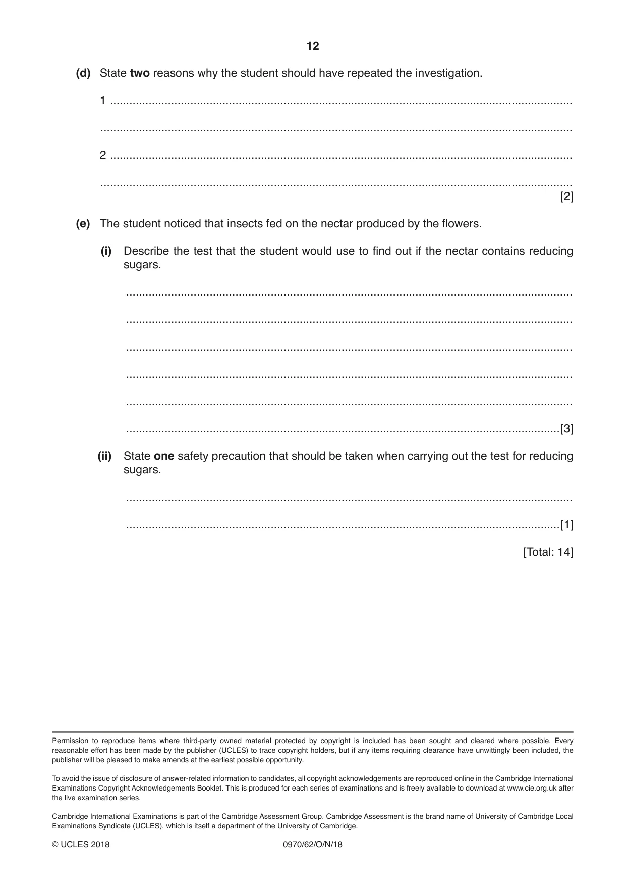 Cambridge IGCSE Biology (9-1) 0970 2018 Oct/Nov Paper 6 · Variant 2 question paper, page 12 of 12
