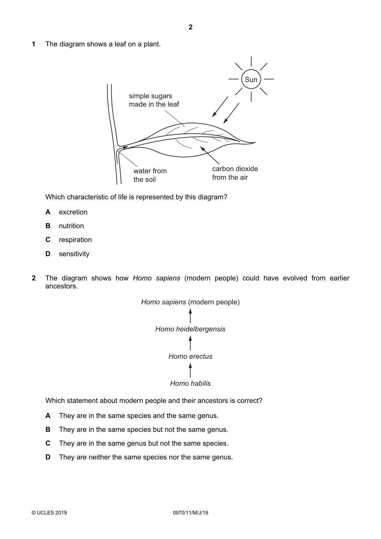 Cambridge IGCSE Biology (9-1) 0970 2019 May/June Paper 1 · Variant 1 question paper, page 2 of 16