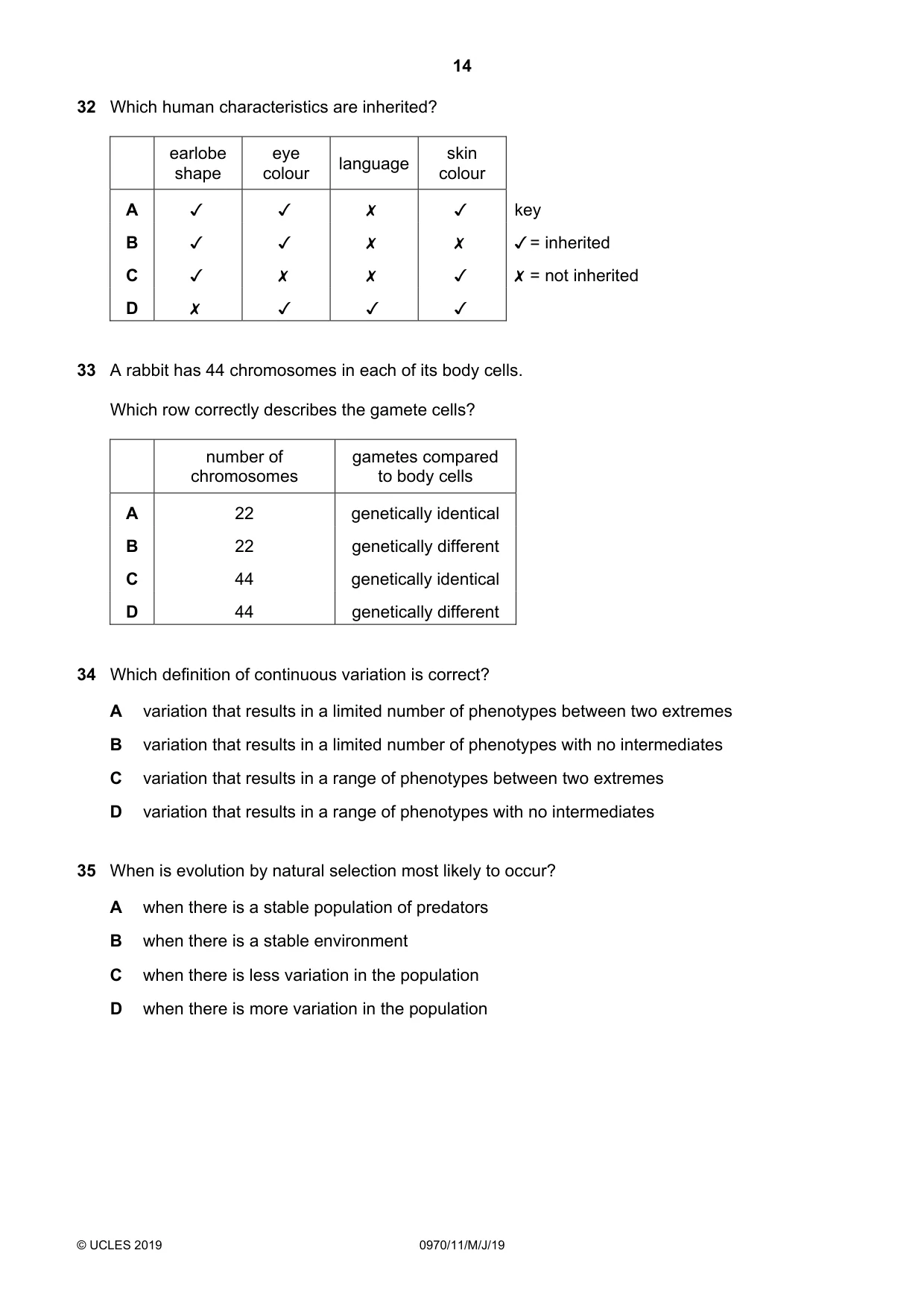 Cambridge IGCSE Biology (9-1) 0970 2019 May/June Paper 1 · Variant 1 question paper, page 14 of 16