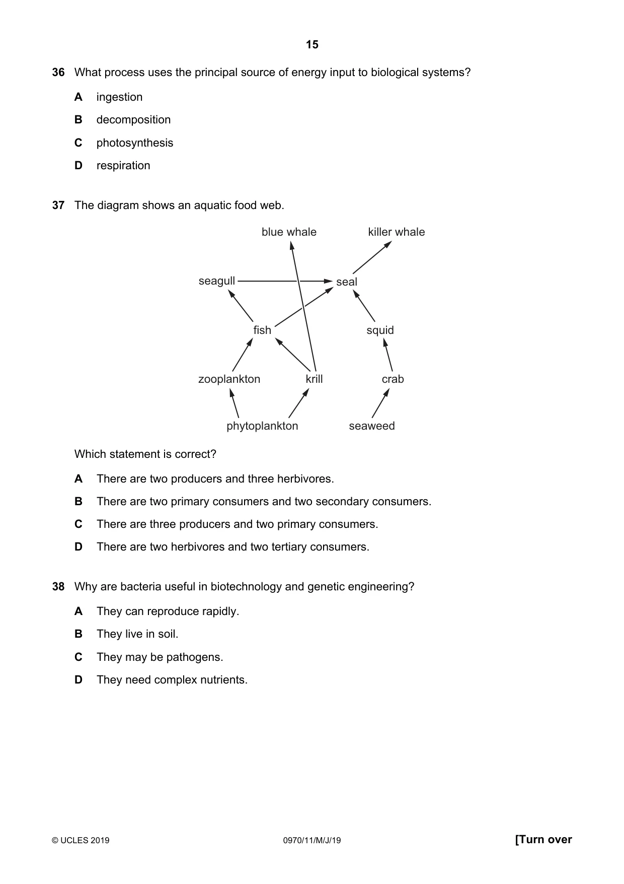 Cambridge IGCSE Biology (9-1) 0970 2019 May/June Paper 1 · Variant 1 question paper, page 15 of 16