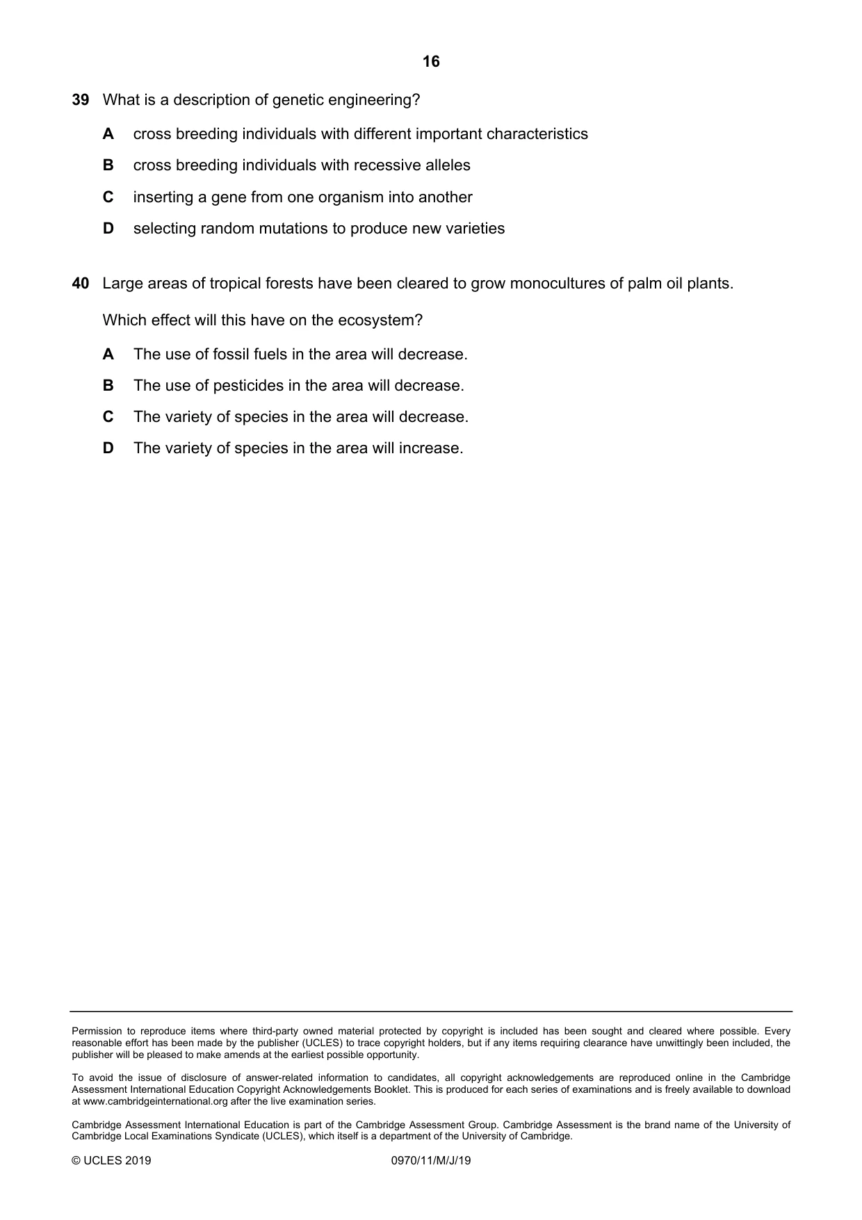 Cambridge IGCSE Biology (9-1) 0970 2019 May/June Paper 1 · Variant 1 question paper, page 16 of 16