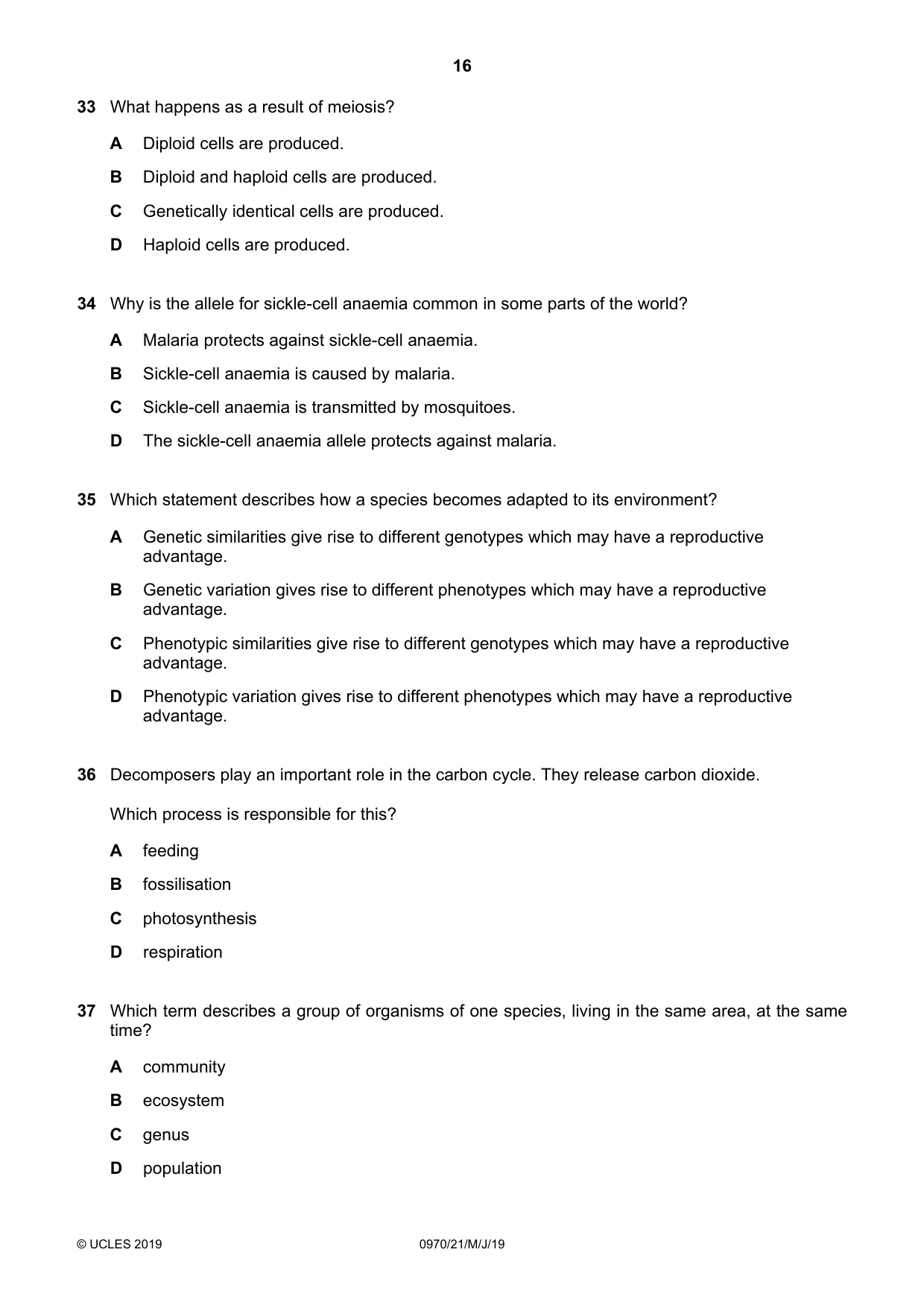 Cambridge IGCSE Biology (9-1) 0970 2019 May/June Paper 2 · Variant 1 question paper, page 16 of 20