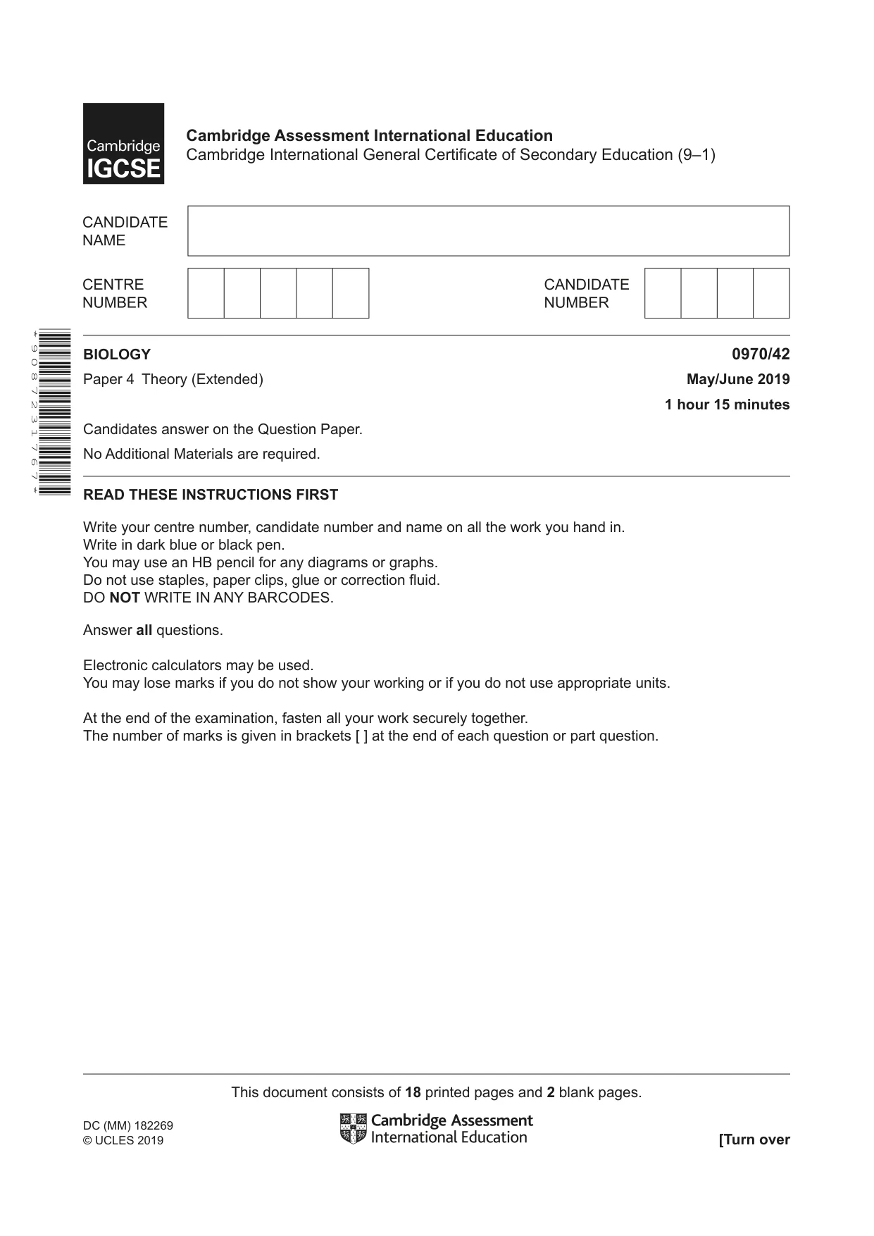 Cambridge IGCSE Biology (9-1) 0970 2019 May/June Paper 4 · Variant 2 question paper, page 1 of 20