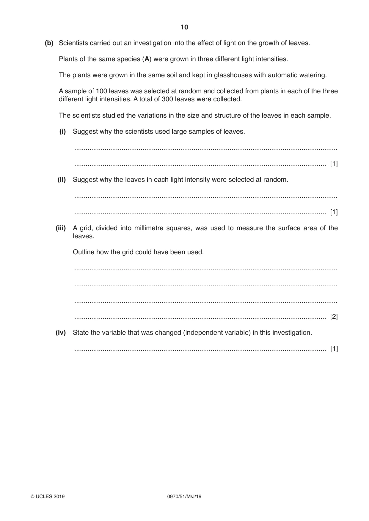 Cambridge IGCSE Biology (9-1) 0970 2019 May/June Paper 5 · Variant 1 question paper, page 10 of 16