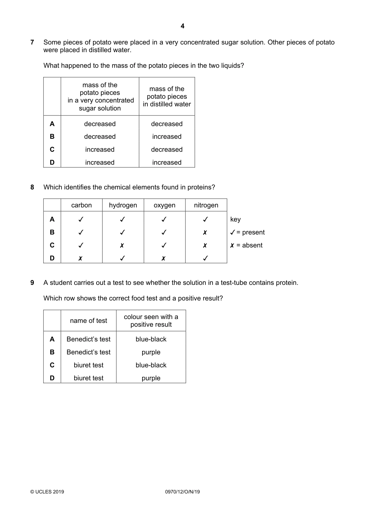 Cambridge IGCSE Biology (9-1) 0970 2019 Oct/Nov Paper 1 · Variant 2 question paper, page 4 of 16