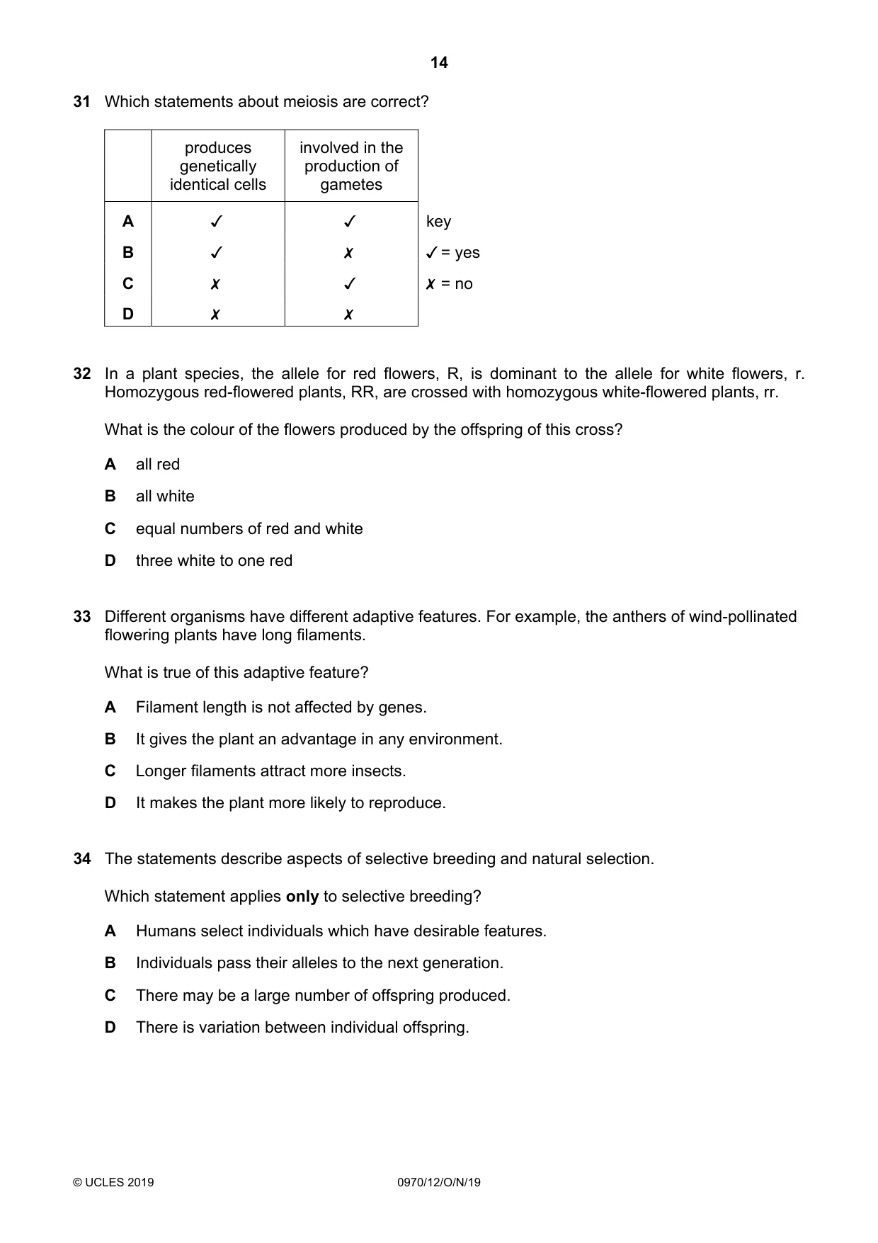 Cambridge IGCSE Biology (9-1) 0970 2019 Oct/Nov Paper 1 · Variant 2 question paper, page 14 of 16