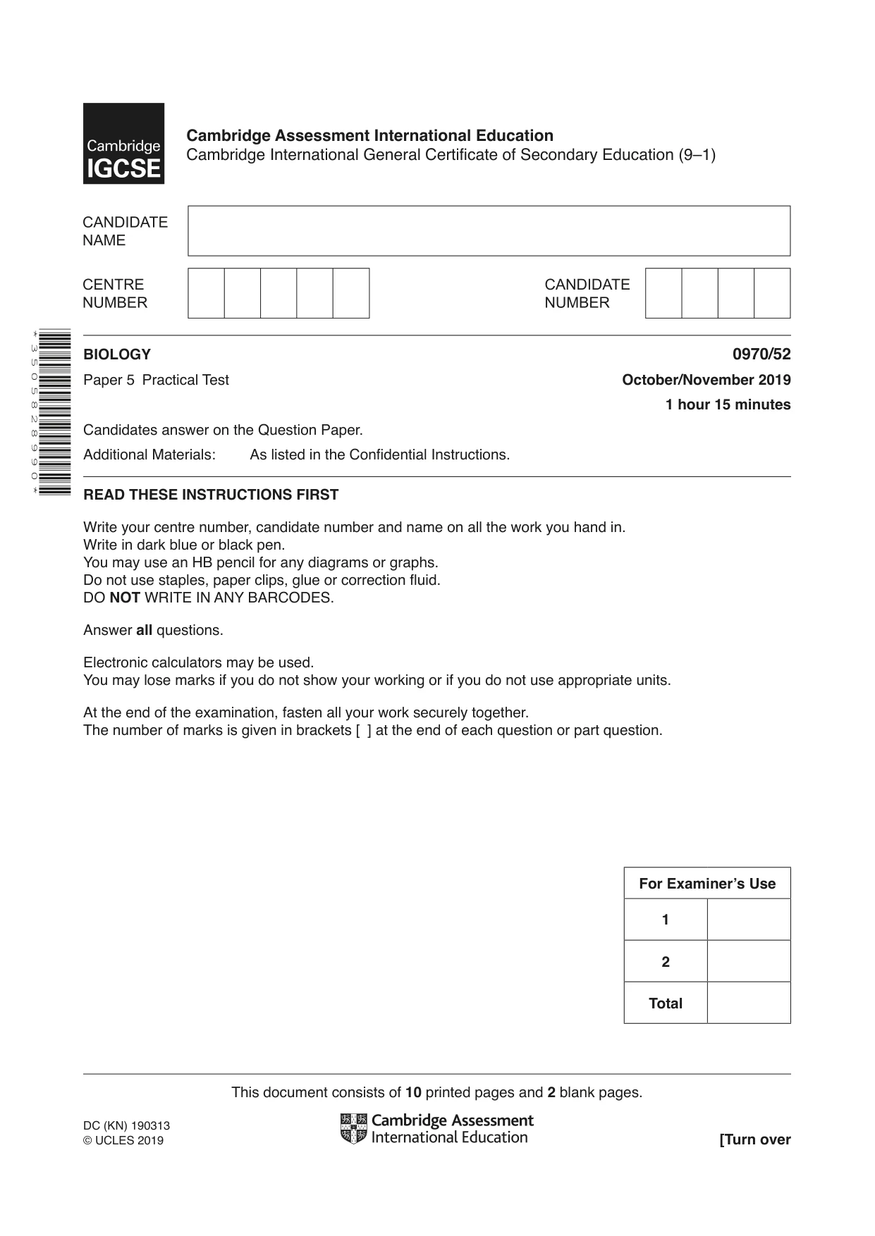 Cambridge IGCSE Biology (9-1) 0970 2019 Oct/Nov Paper 5 · Variant 2 question paper, page 1 of 12