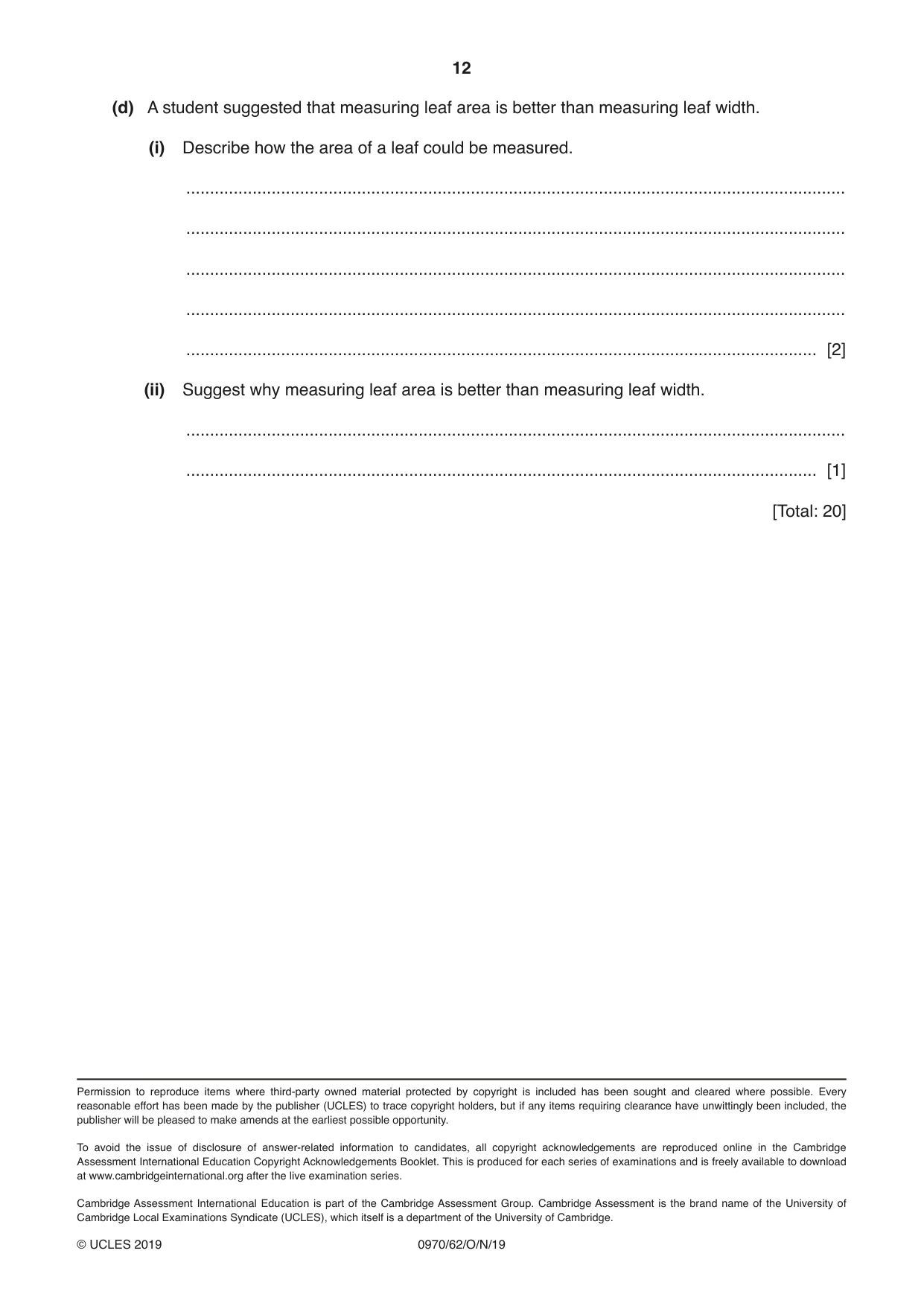 Cambridge IGCSE Biology (9-1) 0970 2019 Oct/Nov Paper 6 · Variant 2 question paper, page 12 of 12