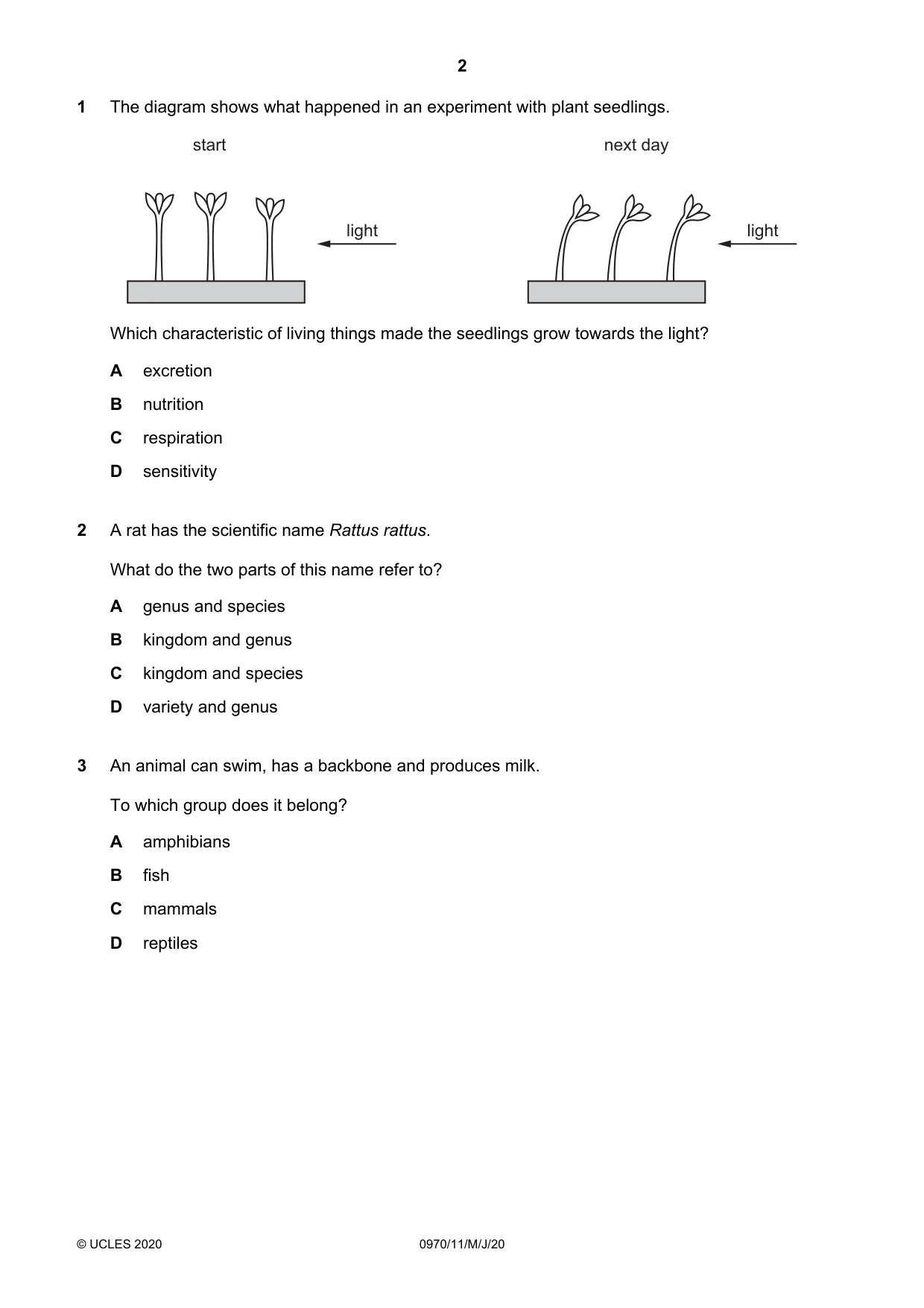 Cambridge IGCSE Biology (9-1) 0970 2020 May/June Paper 1 · Variant 1 question paper, page 2 of 16