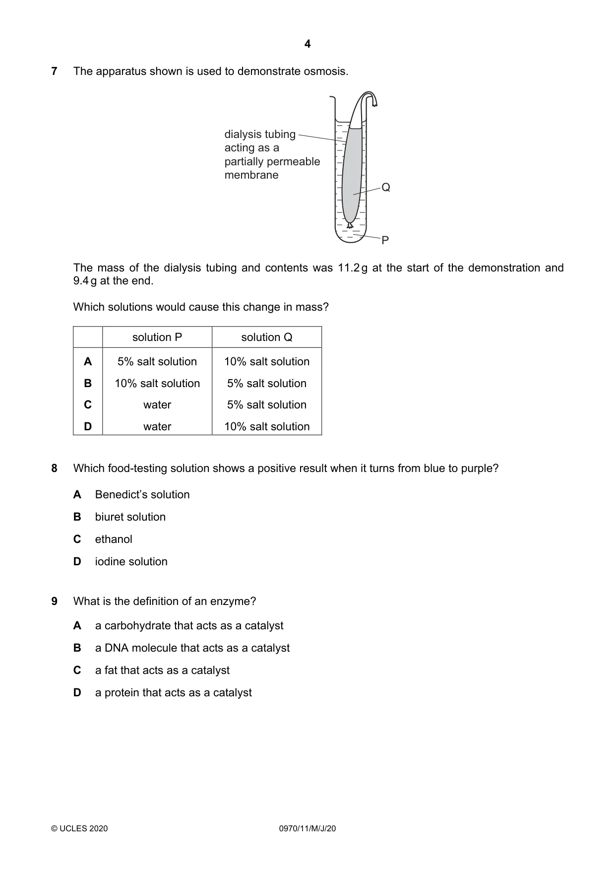 Cambridge IGCSE Biology (9-1) 0970 2020 May/June Paper 1 · Variant 1 question paper, page 4 of 16