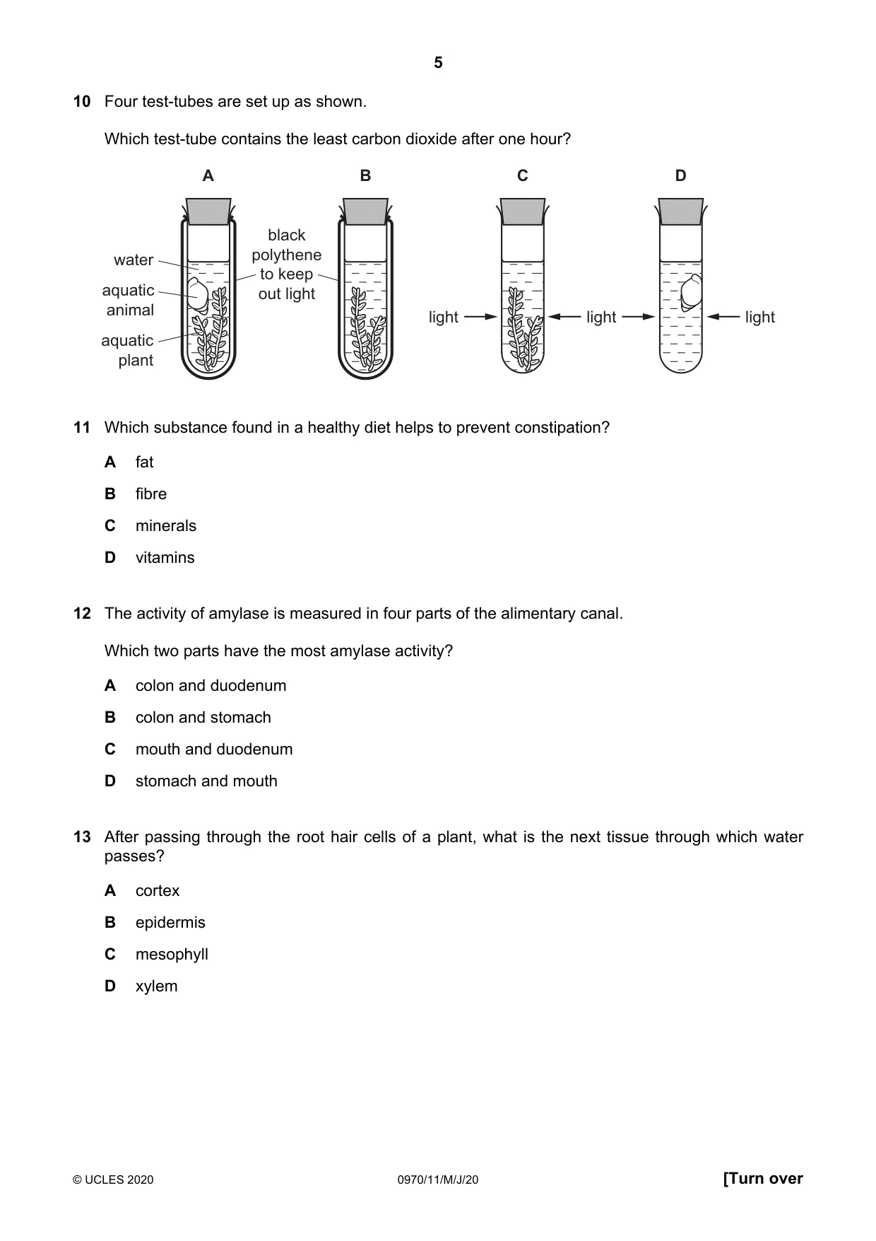 Cambridge IGCSE Biology (9-1) 0970 2020 May/June Paper 1 · Variant 1 question paper, page 5 of 16