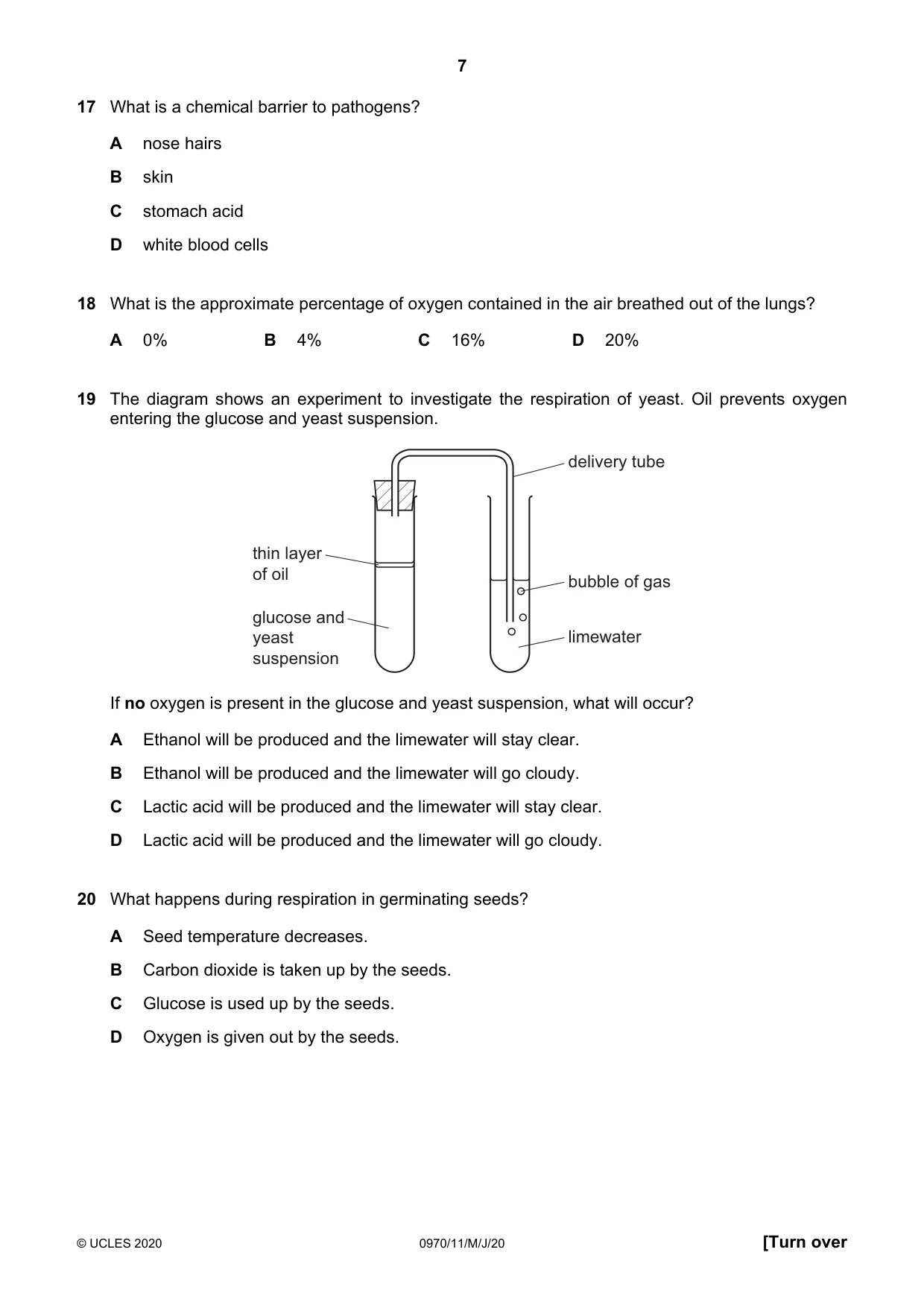 Cambridge IGCSE Biology (9-1) 0970 2020 May/June Paper 1 · Variant 1 question paper, page 7 of 16