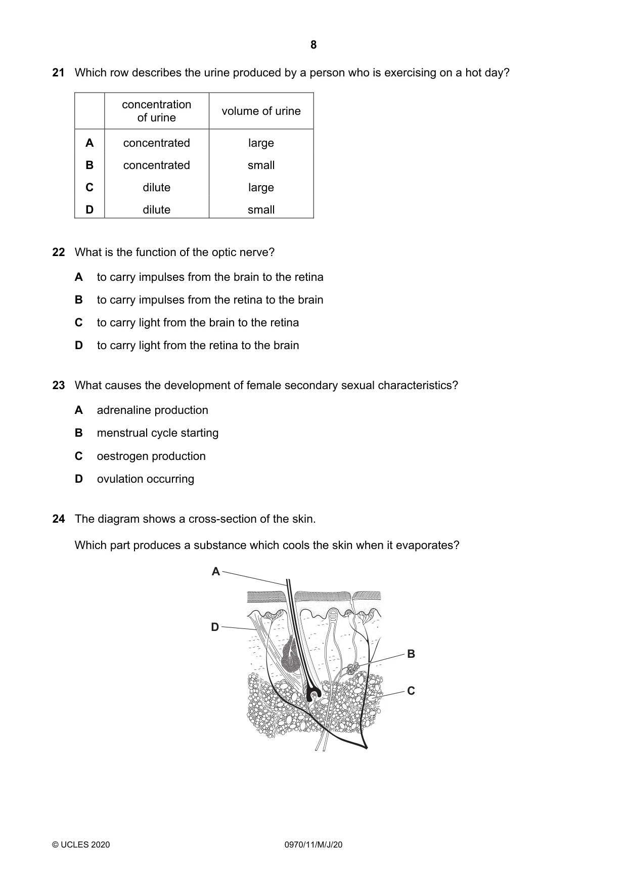 Cambridge IGCSE Biology (9-1) 0970 2020 May/June Paper 1 · Variant 1 question paper, page 8 of 16