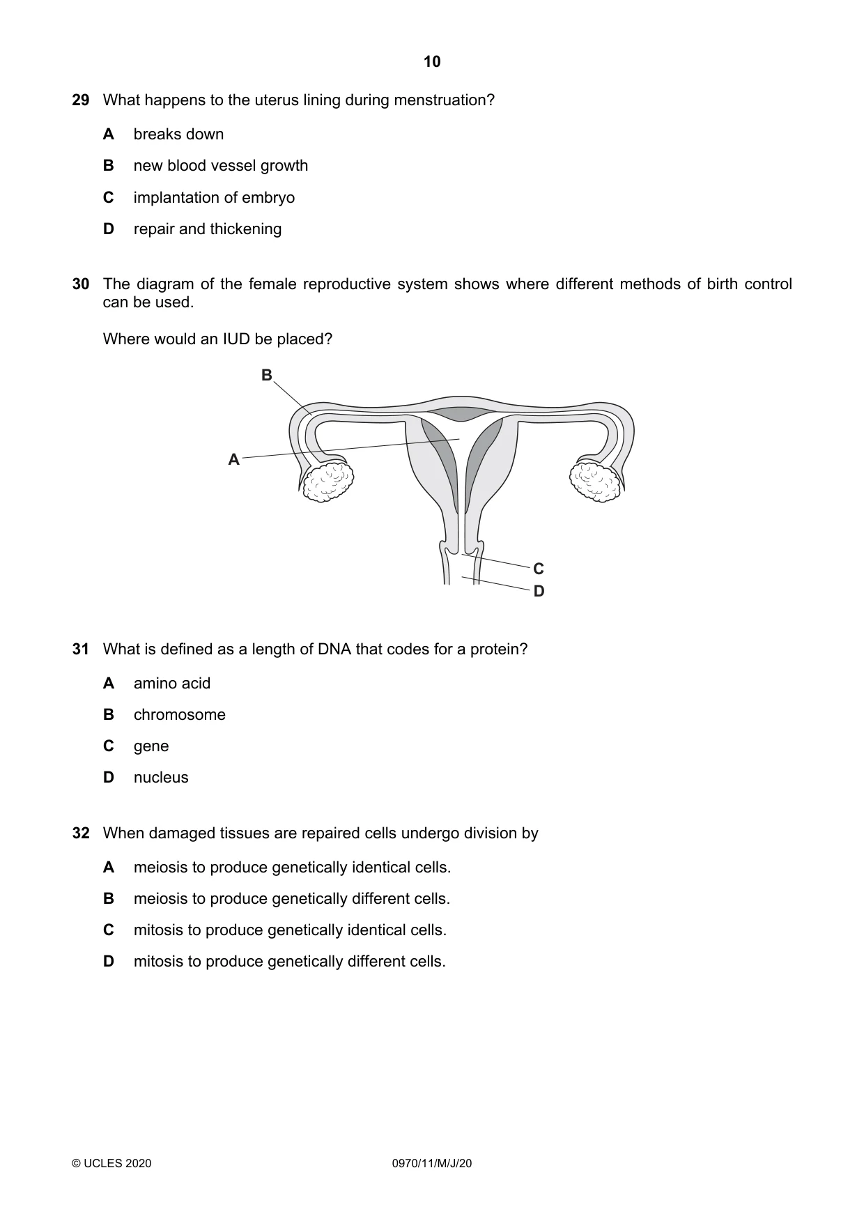 Cambridge IGCSE Biology (9-1) 0970 2020 May/June Paper 1 · Variant 1 question paper, page 10 of 16