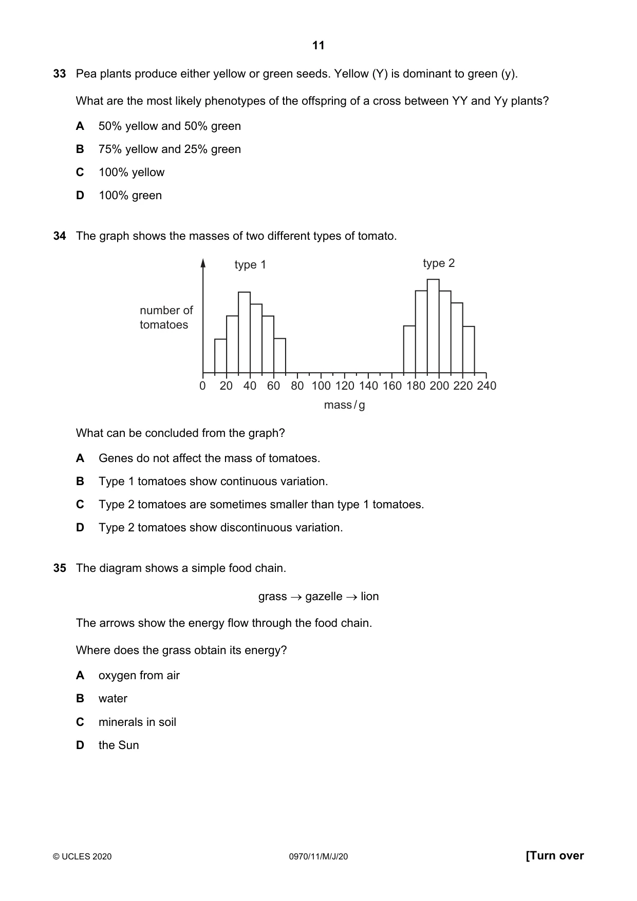 Cambridge IGCSE Biology (9-1) 0970 2020 May/June Paper 1 · Variant 1 question paper, page 11 of 16