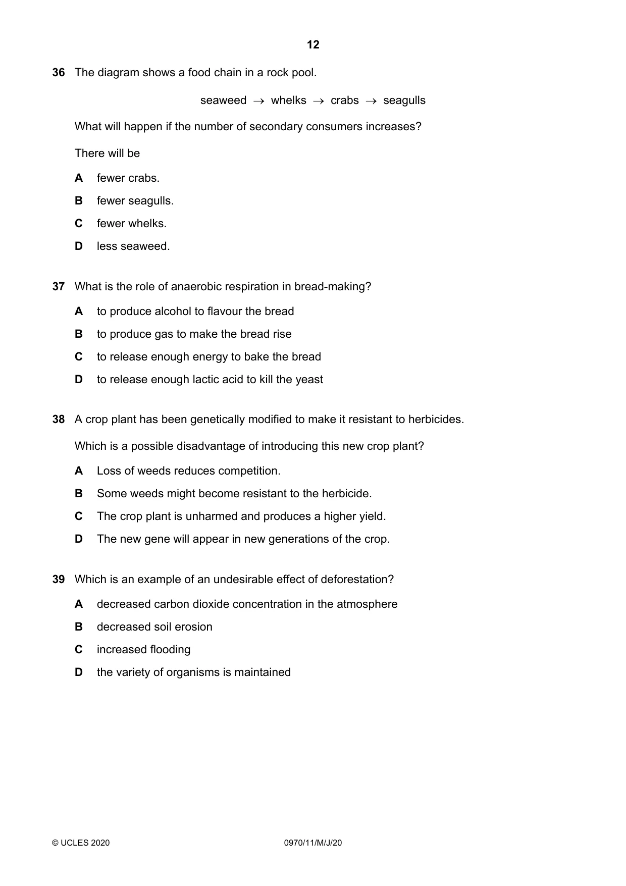 Cambridge IGCSE Biology (9-1) 0970 2020 May/June Paper 1 · Variant 1 question paper, page 12 of 16