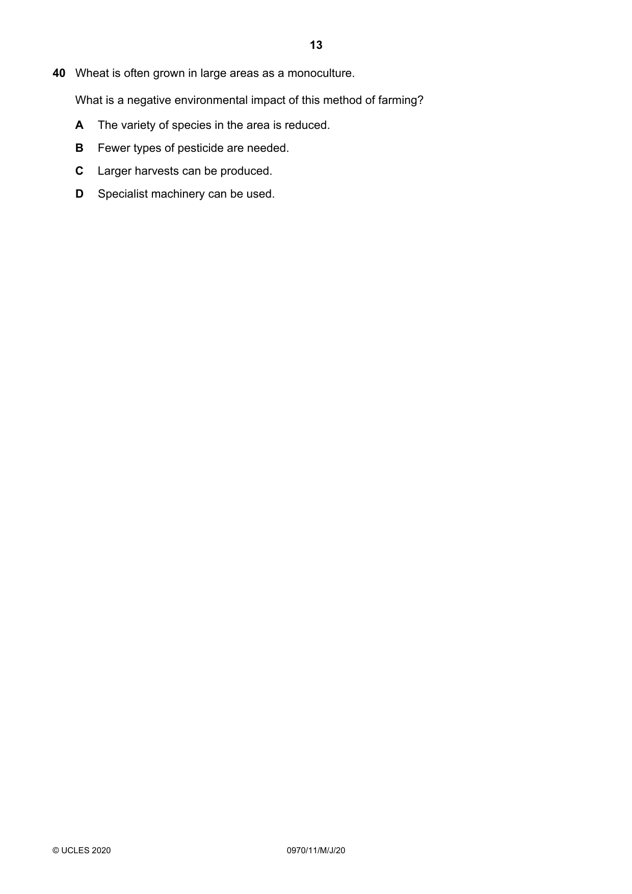 Cambridge IGCSE Biology (9-1) 0970 2020 May/June Paper 1 · Variant 1 question paper, page 13 of 16