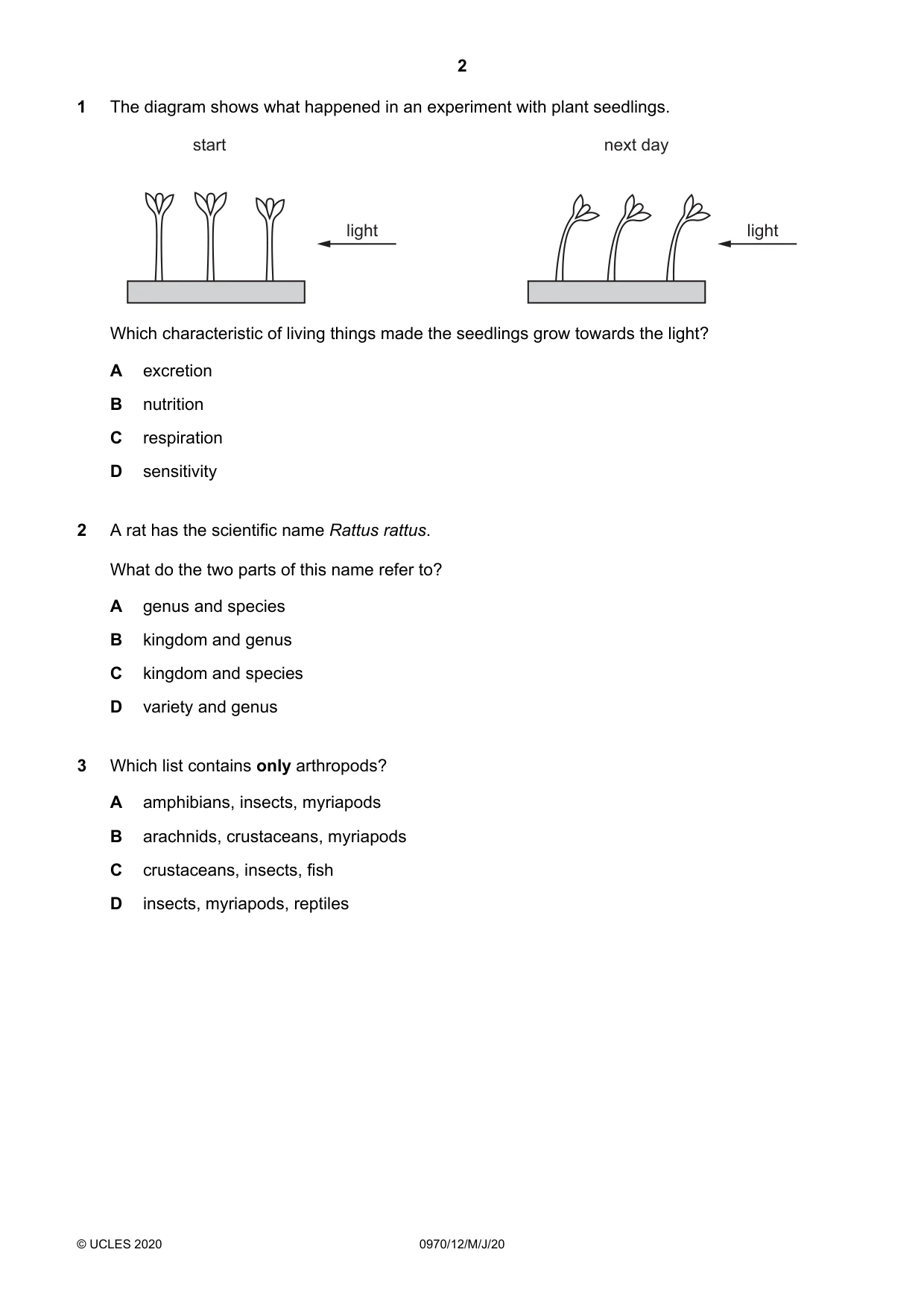 Cambridge IGCSE Biology (9-1) 0970 2020 May/June Paper 1 · Variant 2 question paper, page 2 of 16