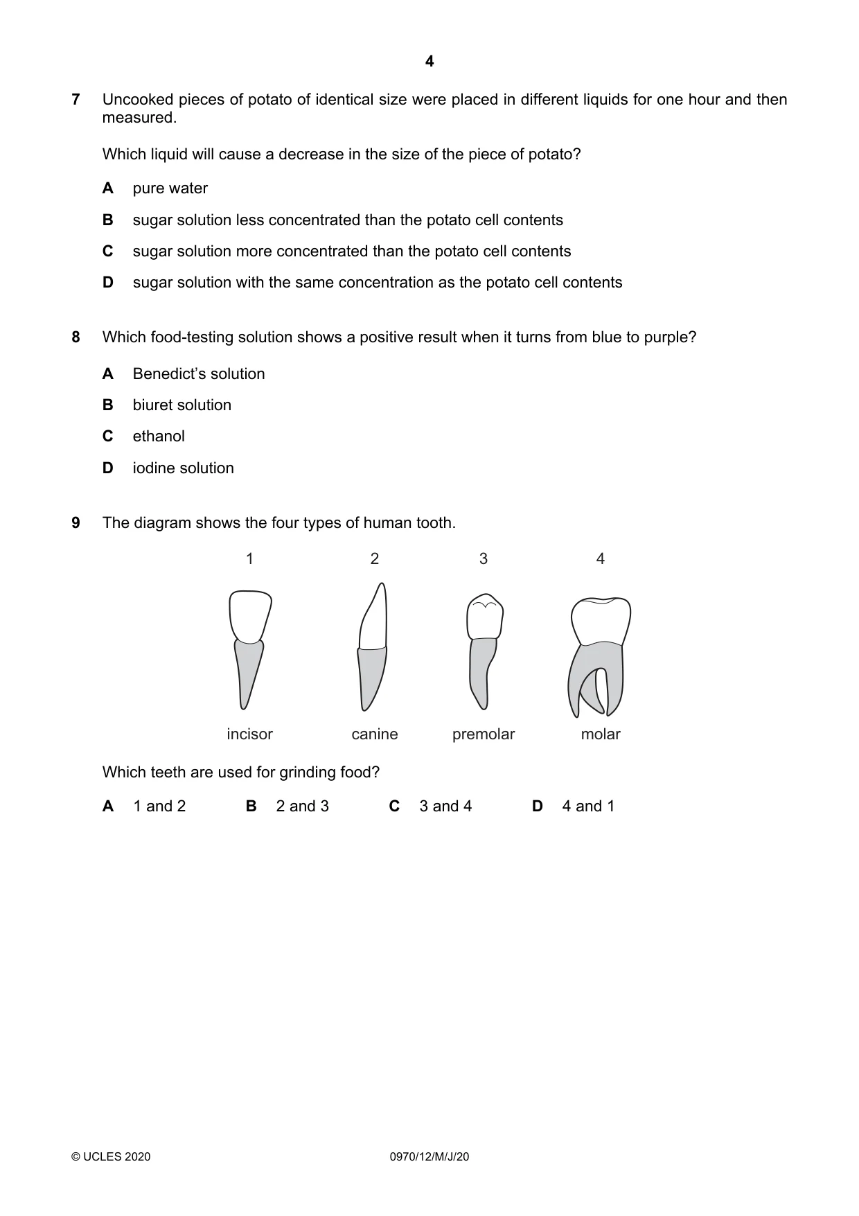 Cambridge IGCSE Biology (9-1) 0970 2020 May/June Paper 1 · Variant 2 question paper, page 4 of 16