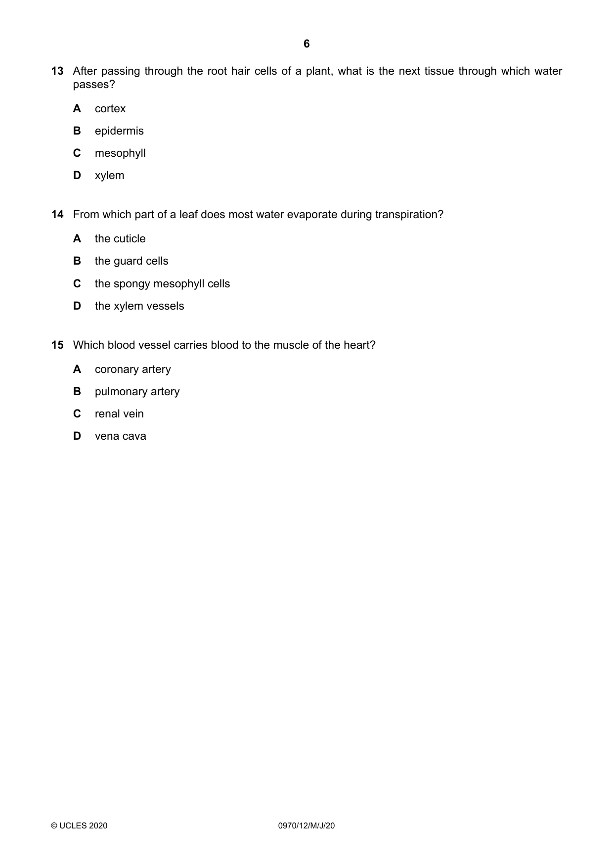 Cambridge IGCSE Biology (9-1) 0970 2020 May/June Paper 1 · Variant 2 question paper, page 6 of 16