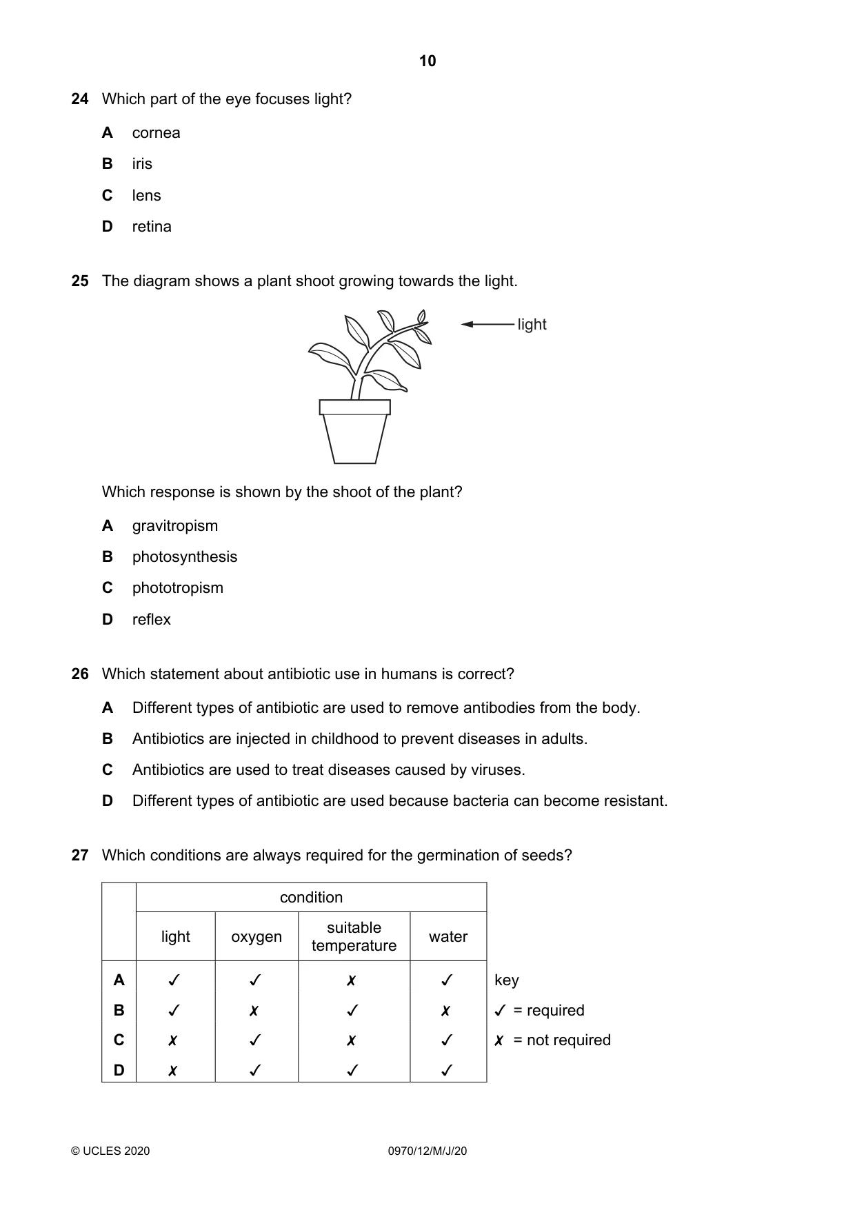 Cambridge IGCSE Biology (9-1) 0970 2020 May/June Paper 1 · Variant 2 question paper, page 10 of 16