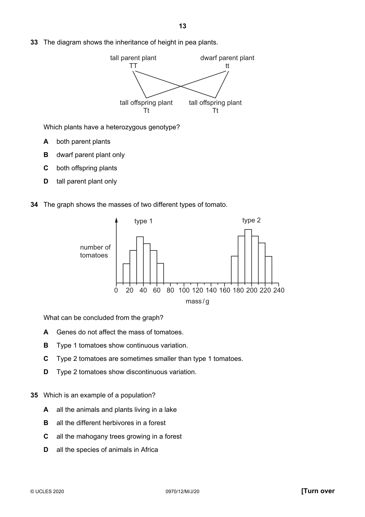 Cambridge IGCSE Biology (9-1) 0970 2020 May/June Paper 1 · Variant 2 question paper, page 13 of 16