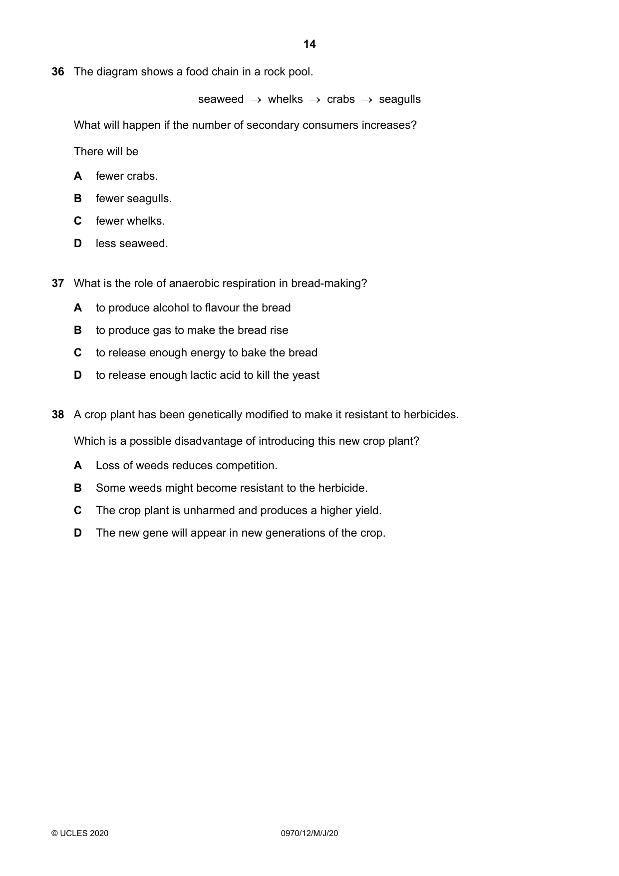 Cambridge IGCSE Biology (9-1) 0970 2020 May/June Paper 1 · Variant 2 question paper, page 14 of 16