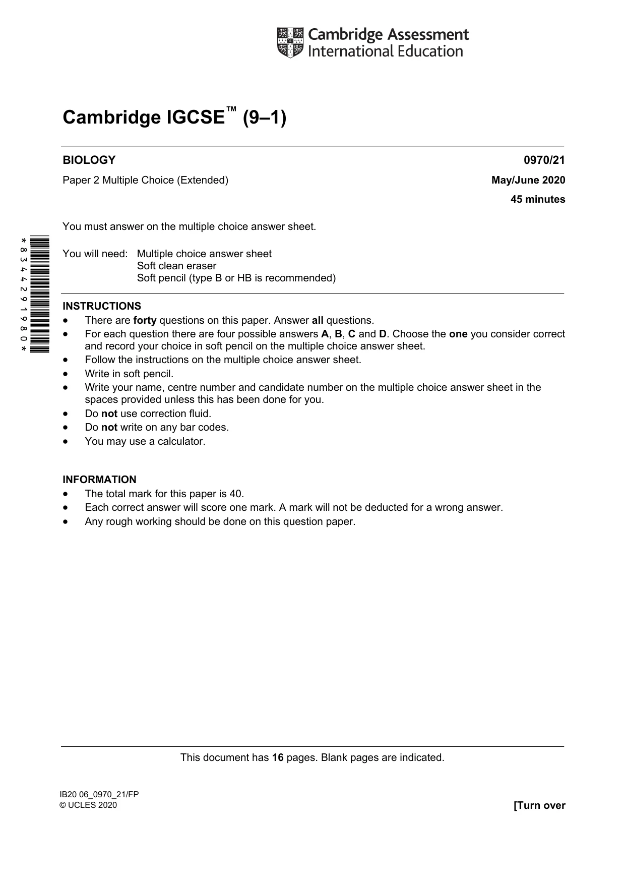 Cambridge IGCSE Biology (9-1) 0970 2020 May/June Paper 2 · Variant 1 question paper, page 1 of 16