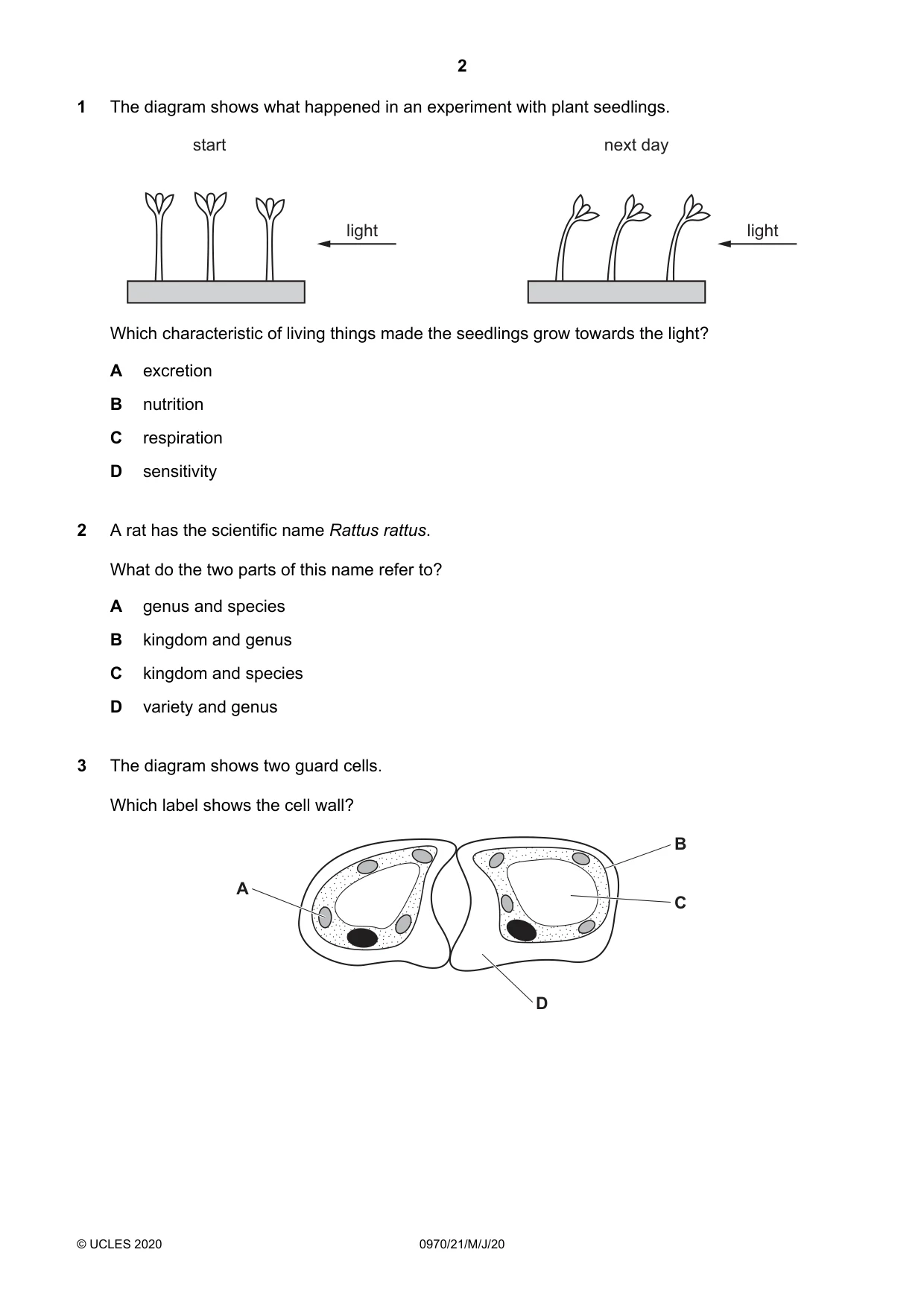 Cambridge IGCSE Biology (9-1) 0970 2020 May/June Paper 2 · Variant 1 question paper, page 2 of 16