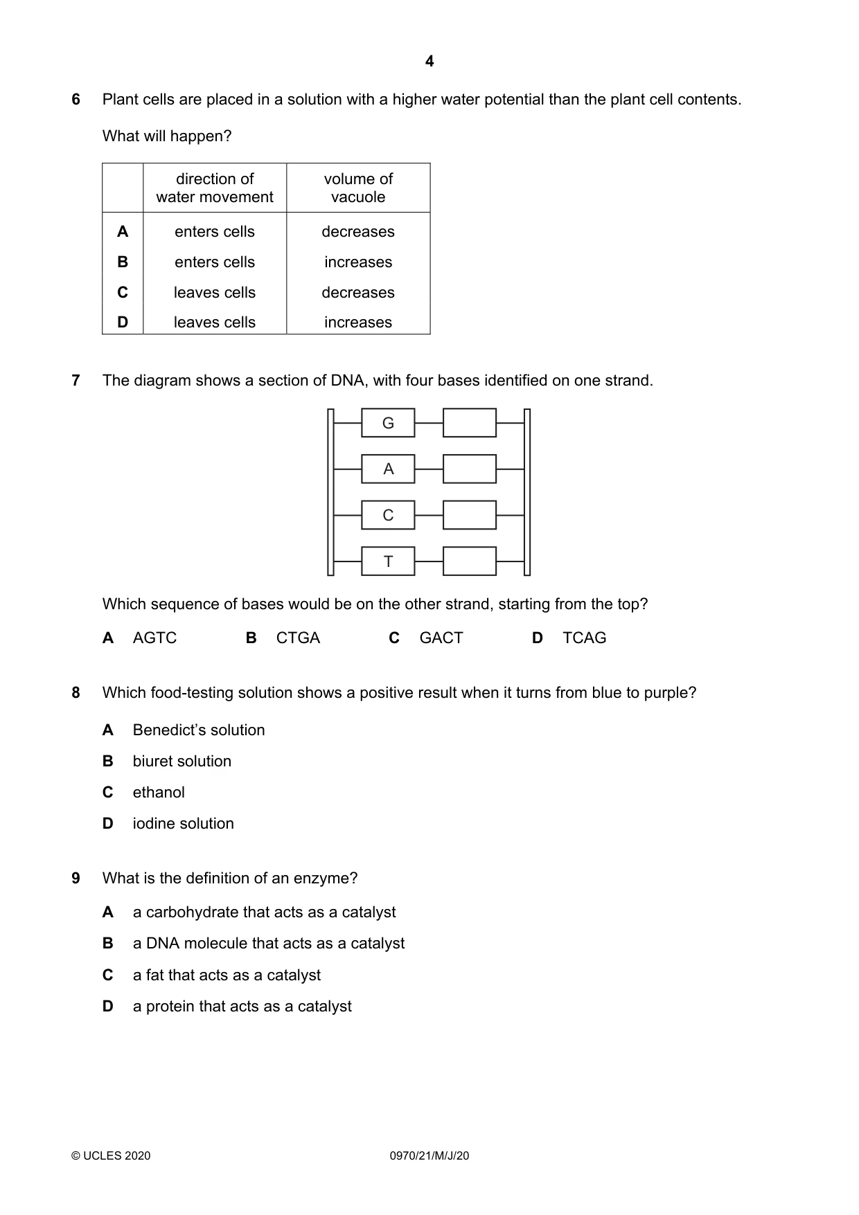 Cambridge IGCSE Biology (9-1) 0970 2020 May/June Paper 2 · Variant 1 question paper, page 4 of 16