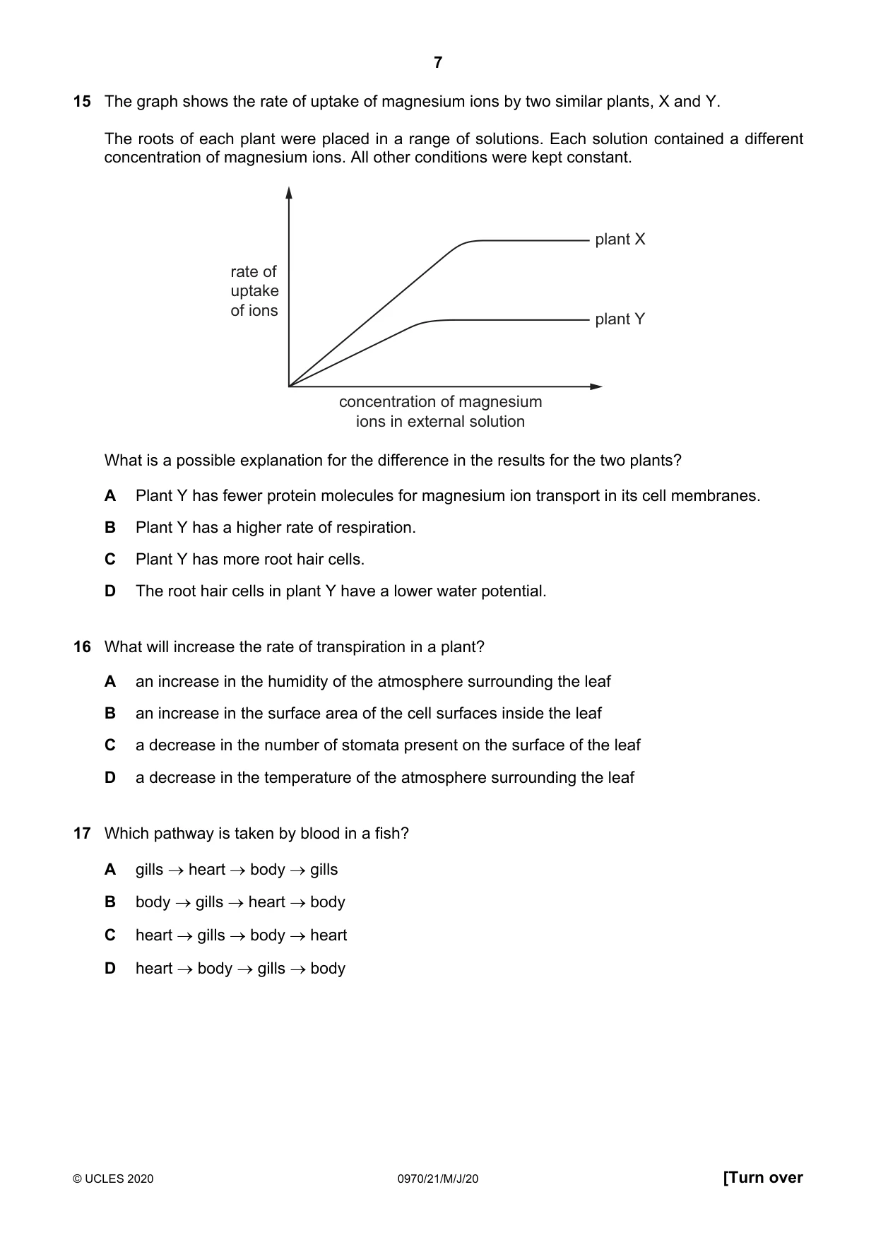Cambridge IGCSE Biology (9-1) 0970 2020 May/June Paper 2 · Variant 1 question paper, page 7 of 16