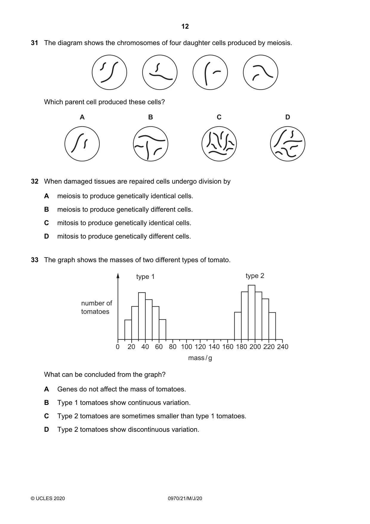 Cambridge IGCSE Biology (9-1) 0970 2020 May/June Paper 2 · Variant 1 question paper, page 12 of 16