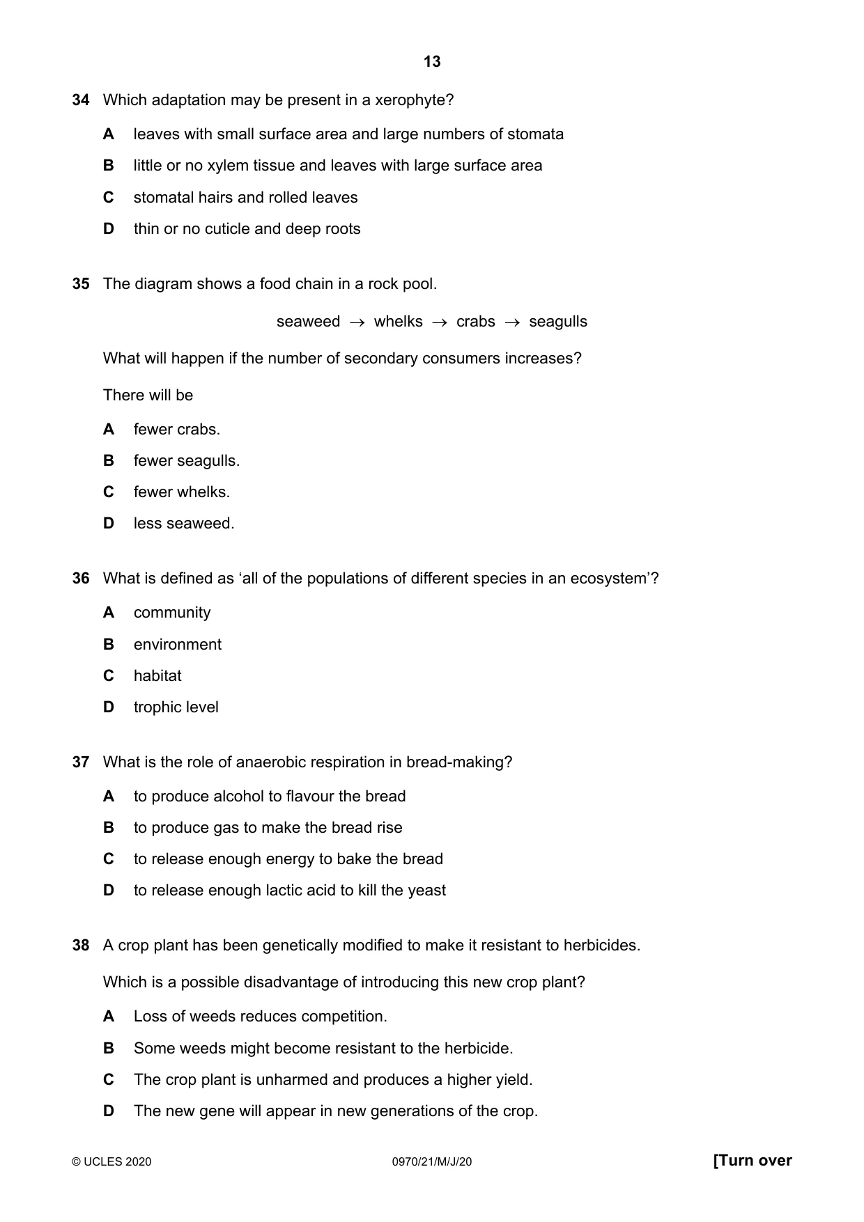 Cambridge IGCSE Biology (9-1) 0970 2020 May/June Paper 2 · Variant 1 question paper, page 13 of 16