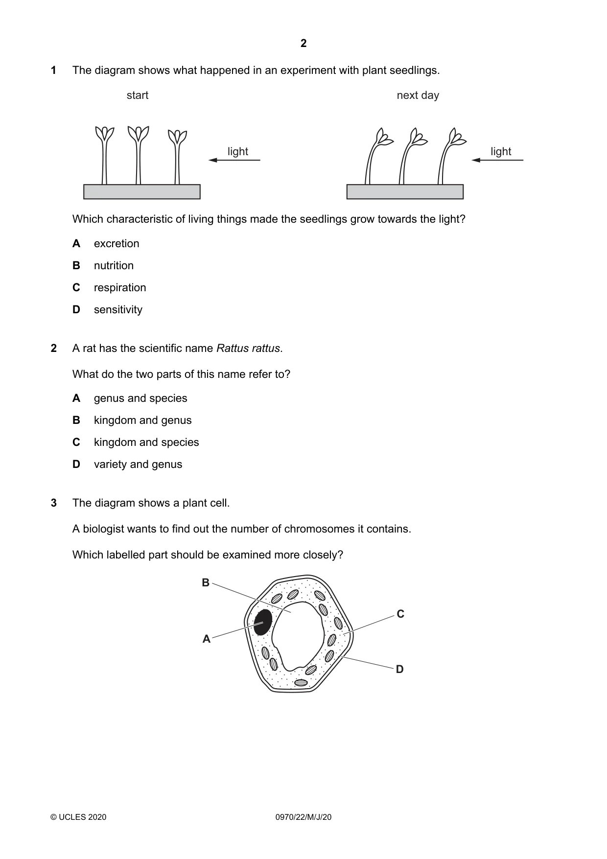 Cambridge IGCSE Biology (9-1) 0970 2020 May/June Paper 2 · Variant 2 question paper, page 2 of 16