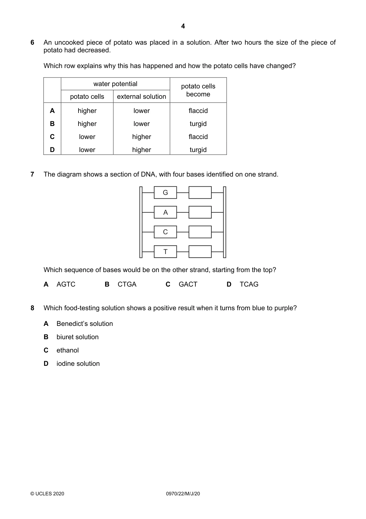 Cambridge IGCSE Biology (9-1) 0970 2020 May/June Paper 2 · Variant 2 question paper, page 4 of 16
