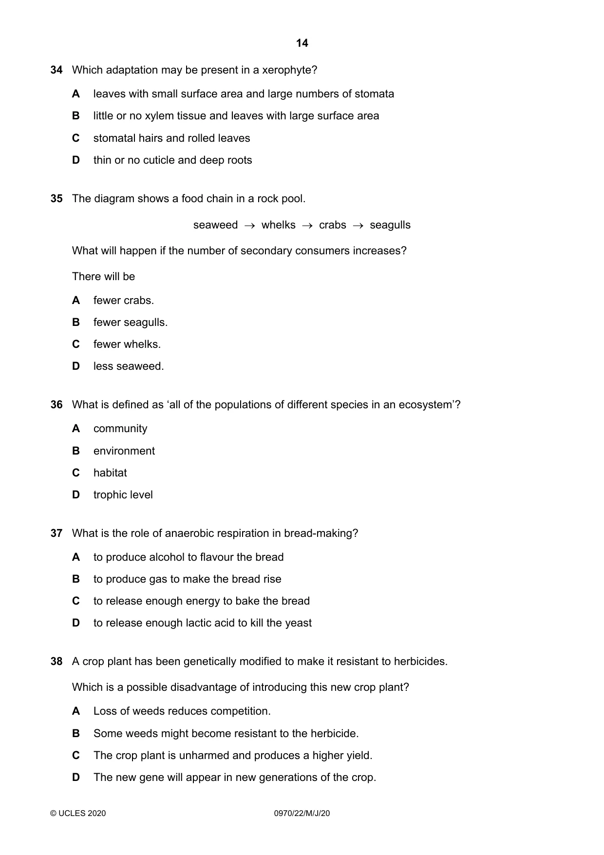 Cambridge IGCSE Biology (9-1) 0970 2020 May/June Paper 2 · Variant 2 question paper, page 14 of 16