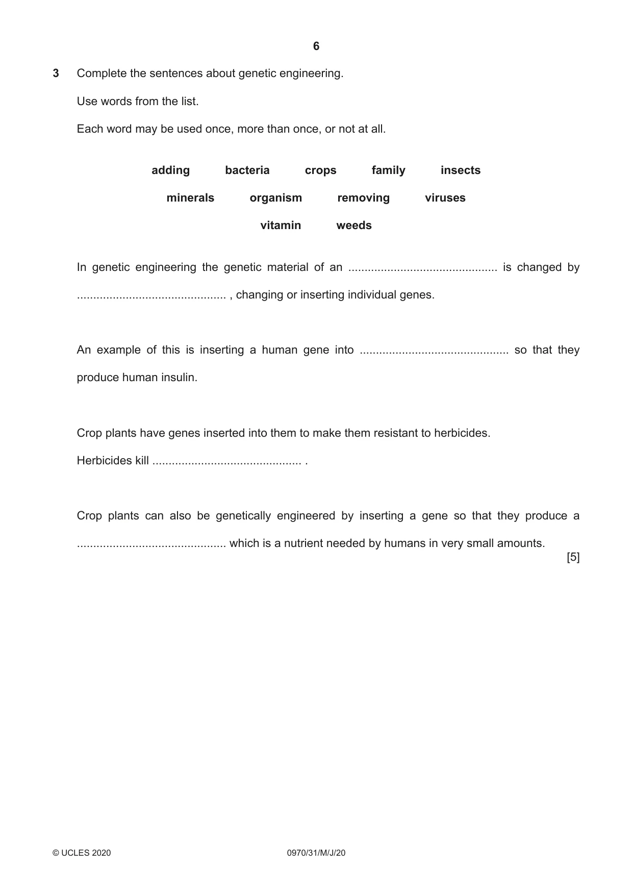 Cambridge IGCSE Biology (9-1) 0970 2020 May/June Paper 3 · Variant 1 question paper, page 6 of 20