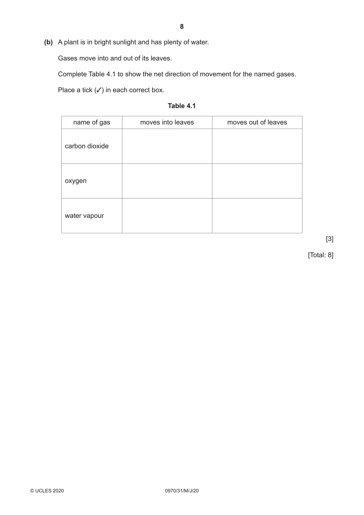 Cambridge IGCSE Biology (9-1) 0970 2020 May/June Paper 3 · Variant 1 question paper, page 8 of 20