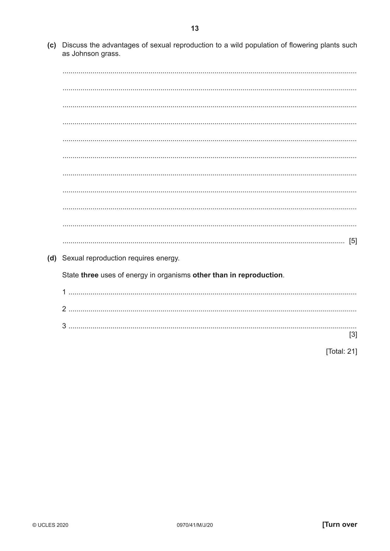 Cambridge IGCSE Biology (9-1) 0970 2020 May/June Paper 4 · Variant 1 question paper, page 13 of 20
