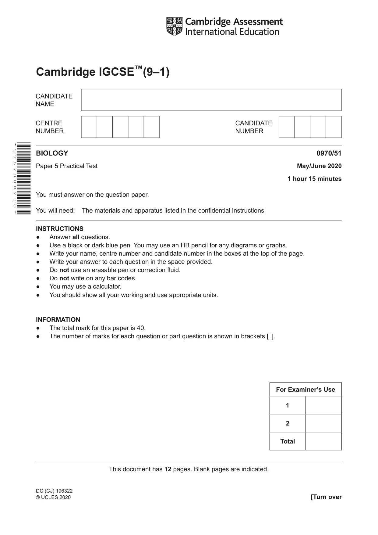 Cambridge IGCSE Biology (9-1) 0970 2020 May/June Paper 5 · Variant 1 question paper, page 1 of 12