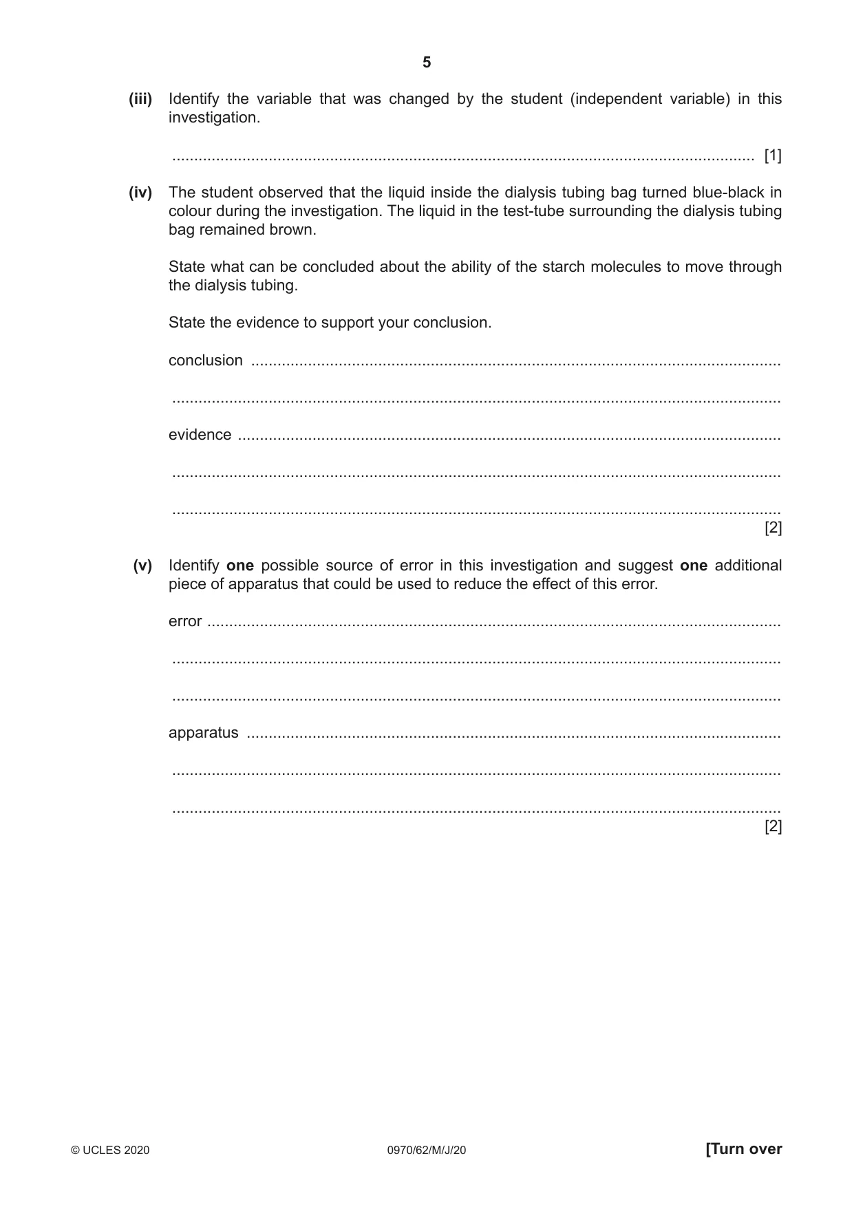 Cambridge IGCSE Biology (9-1) 0970 2020 May/June Paper 6 · Variant 2 question paper, page 5 of 12