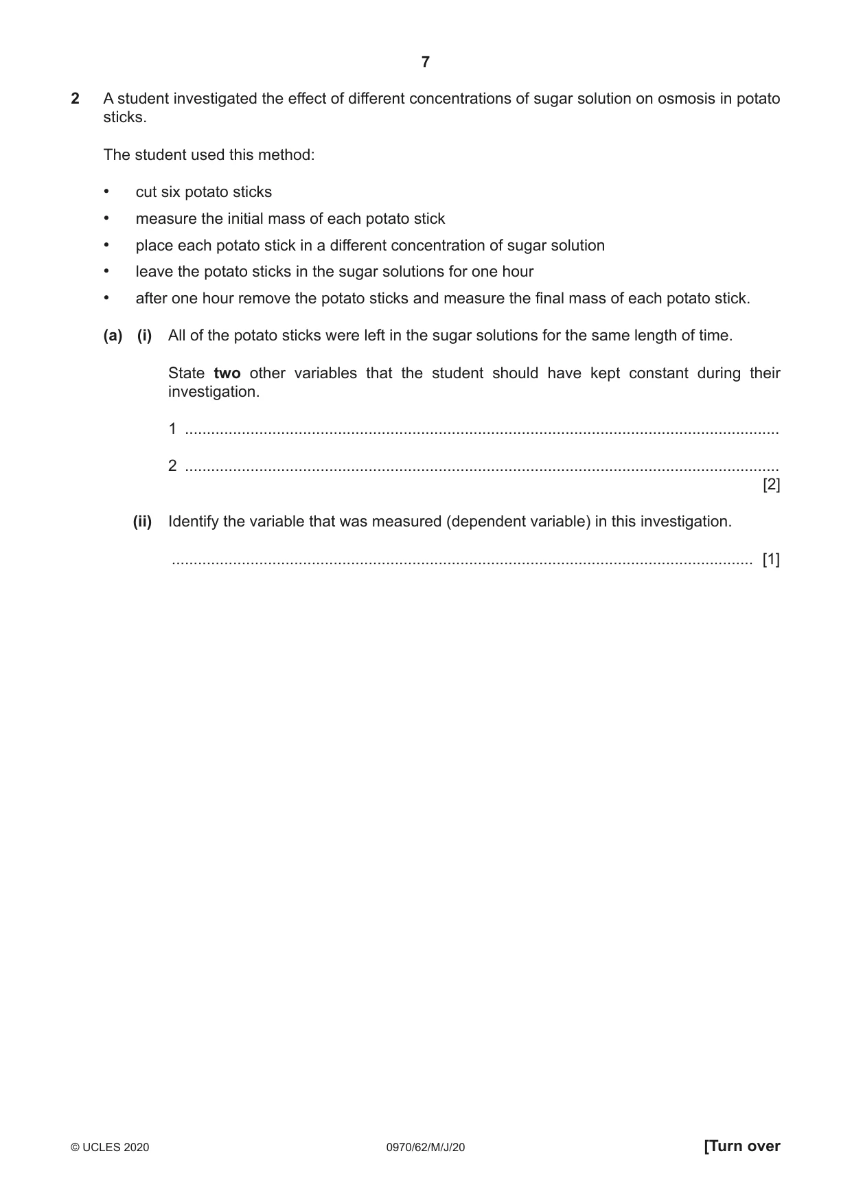 Cambridge IGCSE Biology (9-1) 0970 2020 May/June Paper 6 · Variant 2 question paper, page 7 of 12