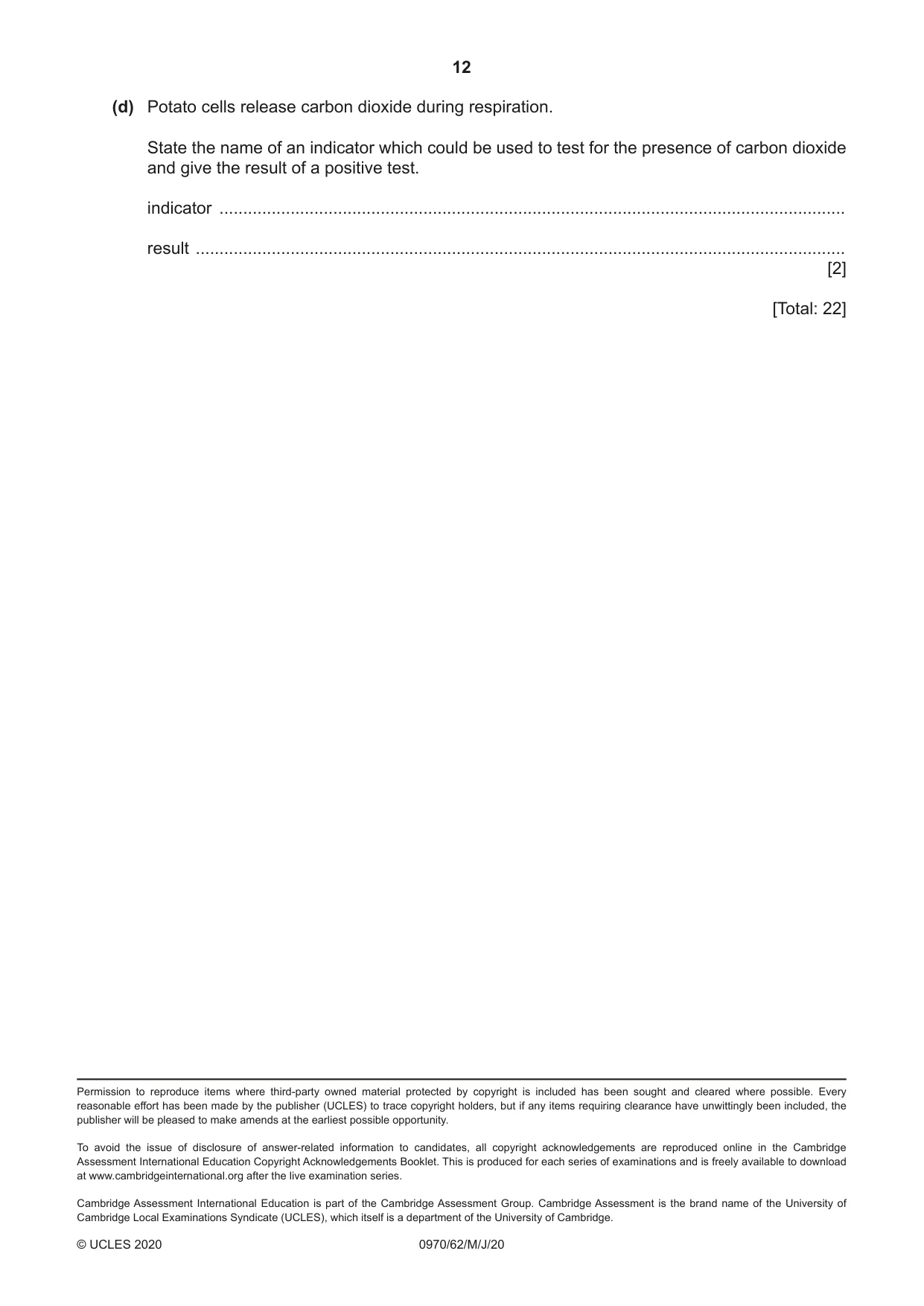 Cambridge IGCSE Biology (9-1) 0970 2020 May/June Paper 6 · Variant 2 question paper, page 12 of 12